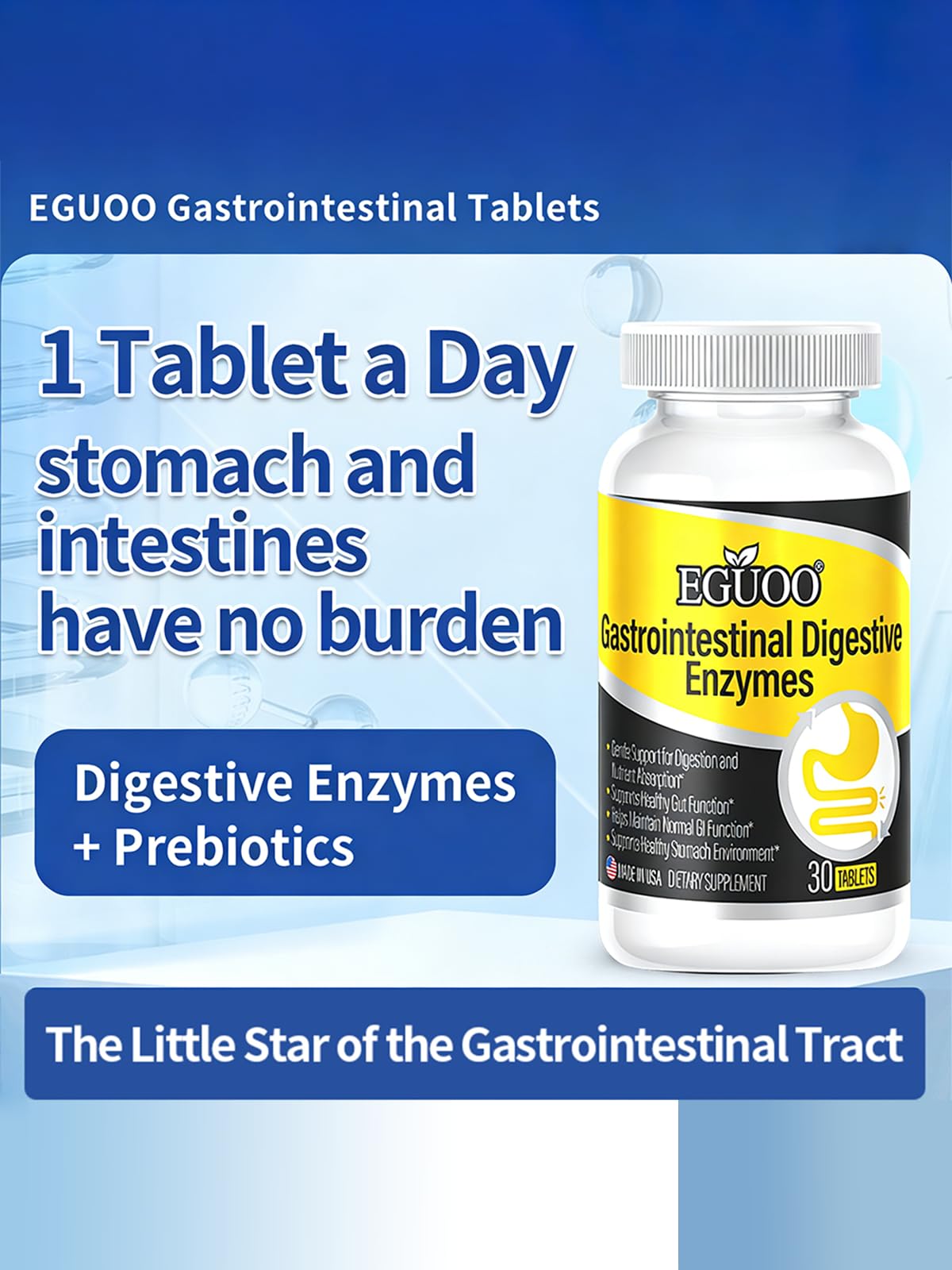EGUOO Digestive Enzyme Complex with Lion’s Mane Mushroom Powder – L-Glutamine 1000mg, DigeZyme Multi-Enzyme, Zinc L-Carnosine, Multi-Prebiotic Complexes – Gut Health Supplement, 30 Tablets