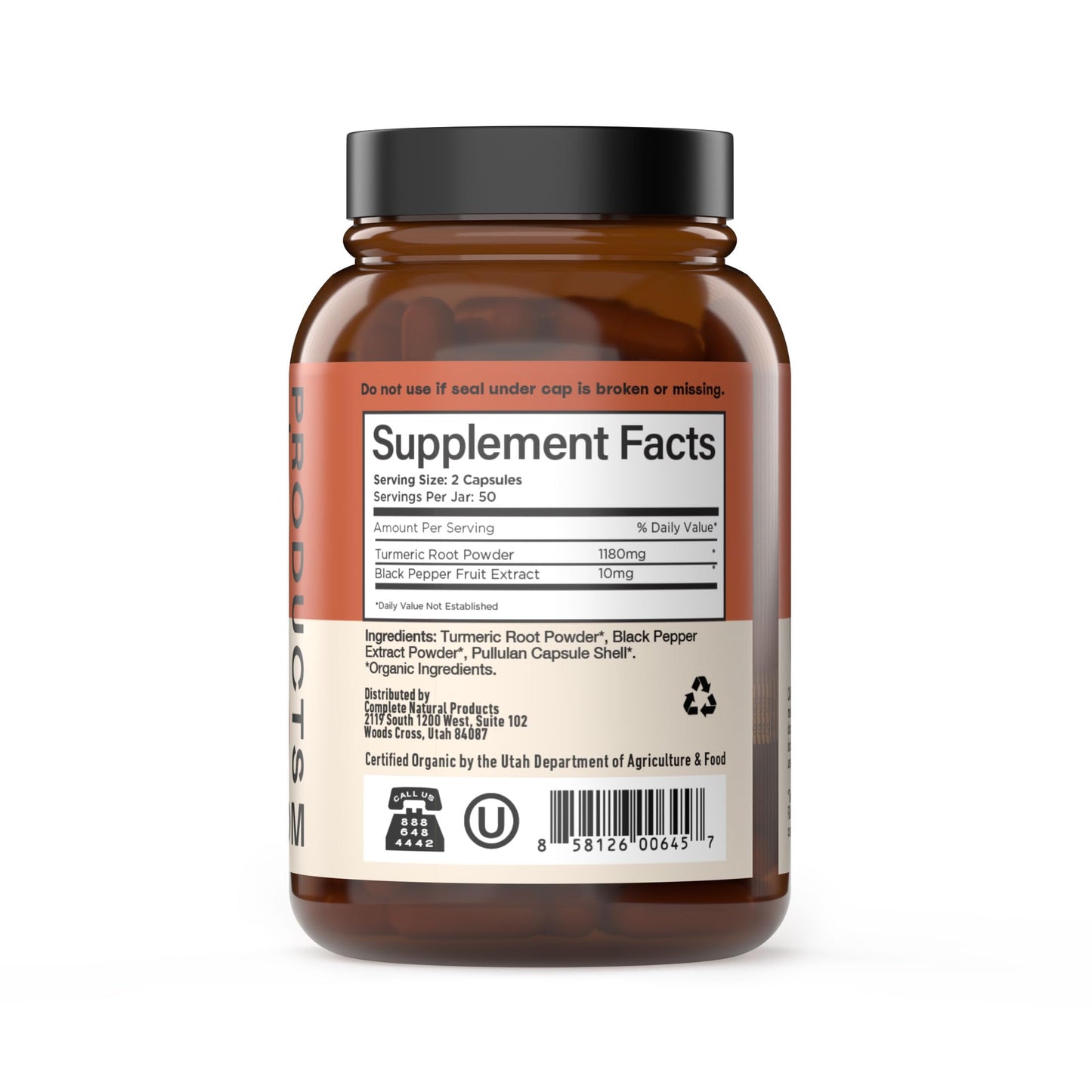 Complete Natural Products Organic Turmeric with Piperine 600mg Capsules, 100 Count