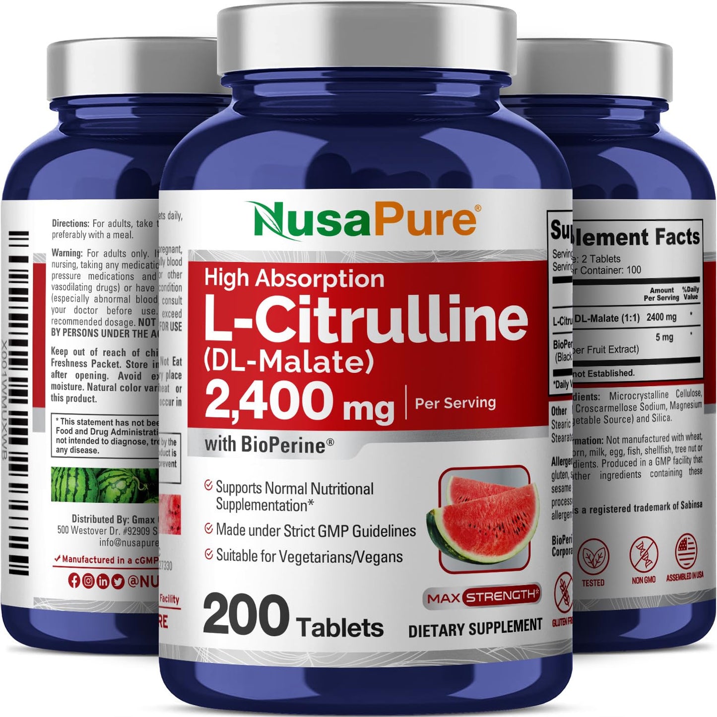 NusaPure L-Citrulline 2400mg Tablet, 200 Count