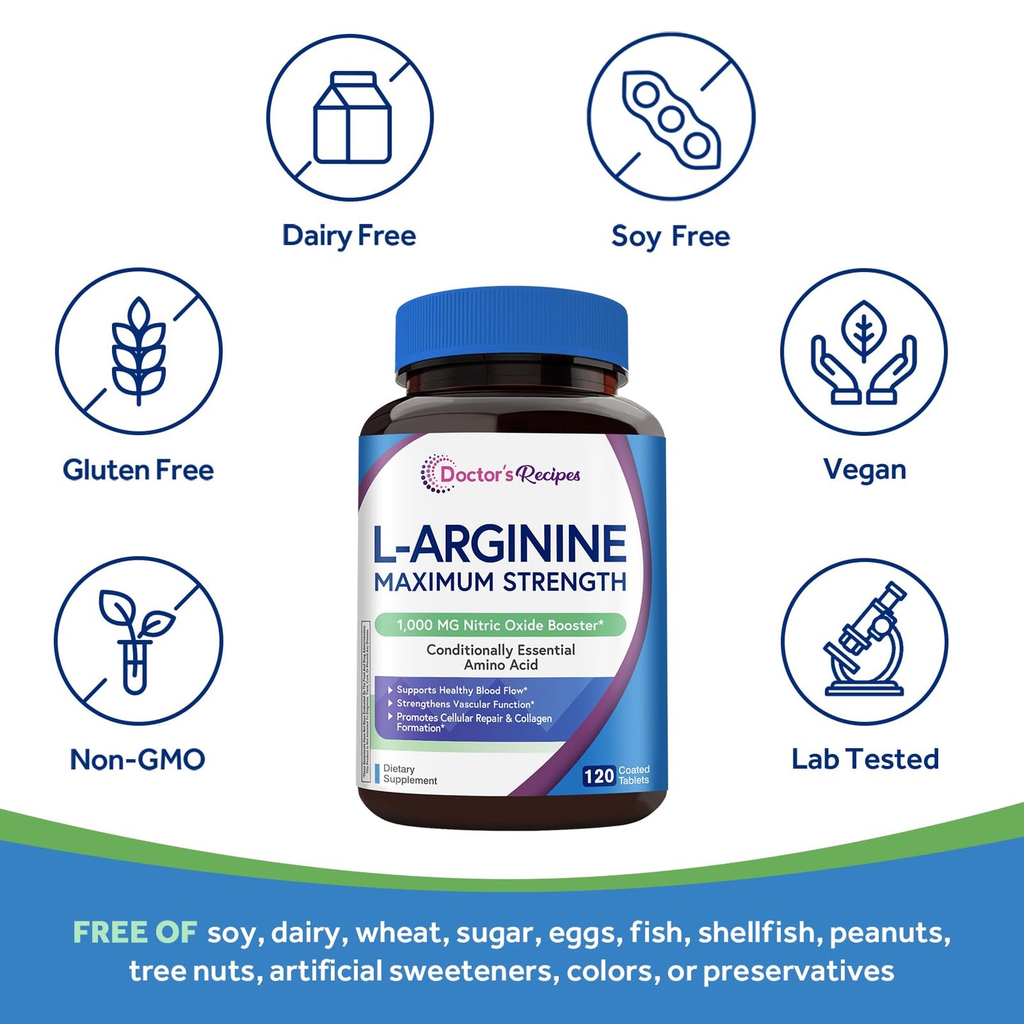 Doctor's Recipes L-Arginine 1000mg Coated Tablets, 120 Count