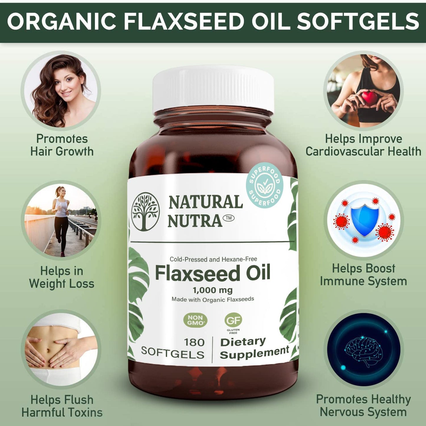 Natural Nutra Organic Flaxseed Oil Softgels, Omega 3 6 9, 1000 mg, 180 Capsules