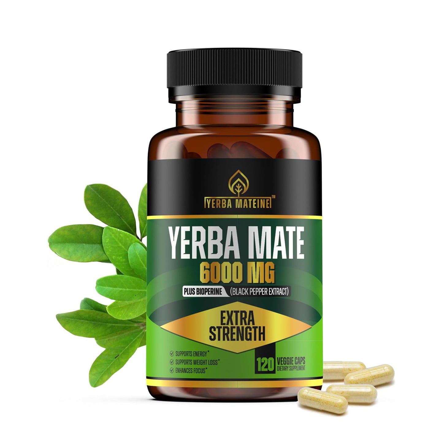 Yerba Mateine Extra Strength Yerba Mate High Potency Capsules, 60mg Caffeine per Capsule, 120 Capsules