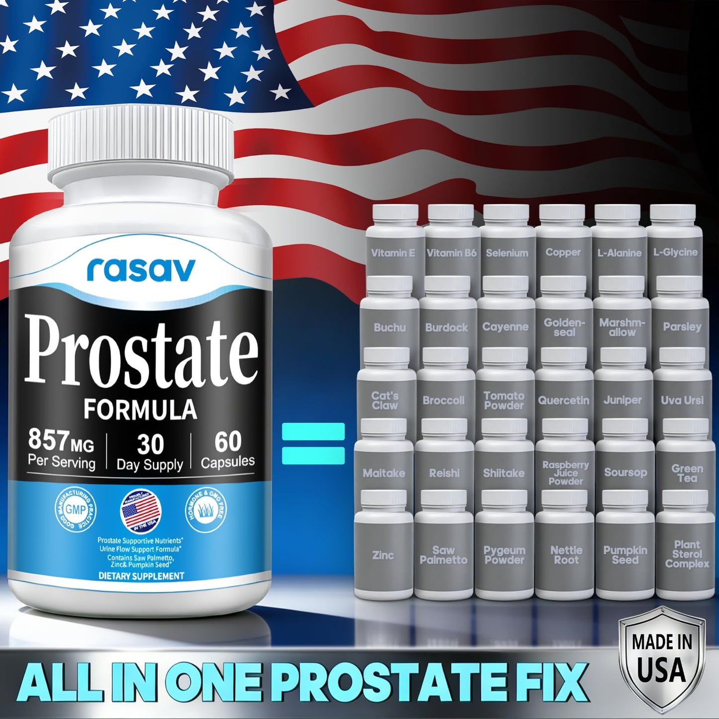 Rasav Prostate Health Supplement for Men with Saw Palmetto, Pygeum, Nettle & Pumpkin Seed, DHT Blocker, 60 Capsules