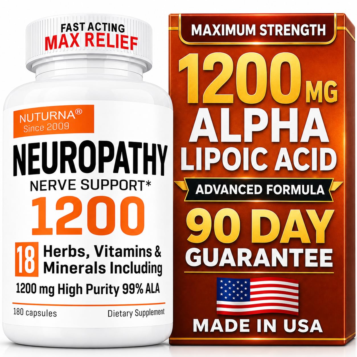 Nuturna Neuropathy Support with 1200 mg HP-99 Alpha Lipoic Acid, Max Strength Nerve Formula, Capsules, 180 Count