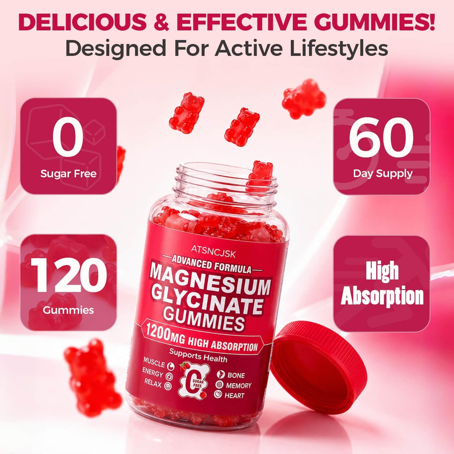 ATSNCJSK Magnesium Glycinate Gummies 1200mg, 120 Count