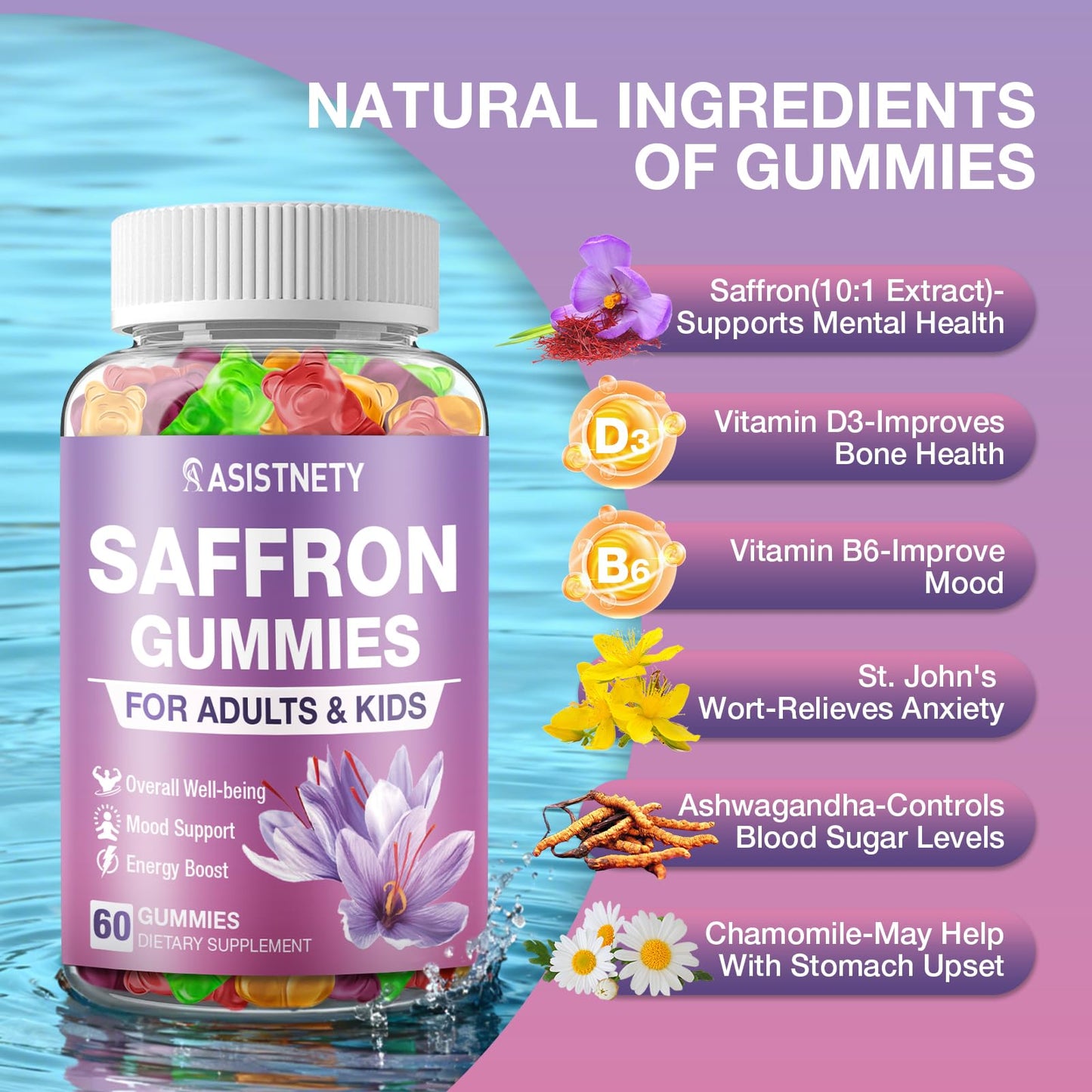 ASISTNETY Saffron Gummies for Kids & Adults, 120 Gummies