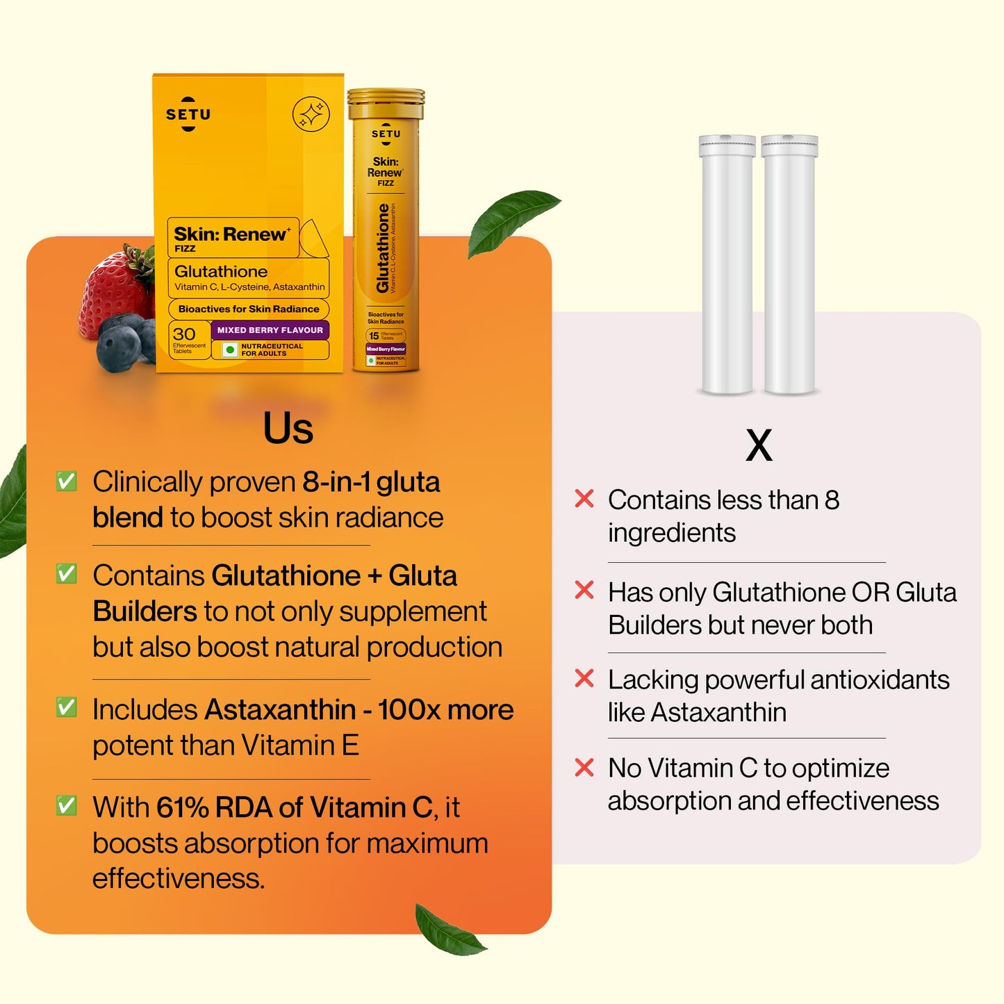 SETU Glutathione Effervescent Tablets with 500mg L-Glutathione & Vitamin C | Sugar-Free Antioxidant Supplement | Mixed Berry, 90 Tablets
