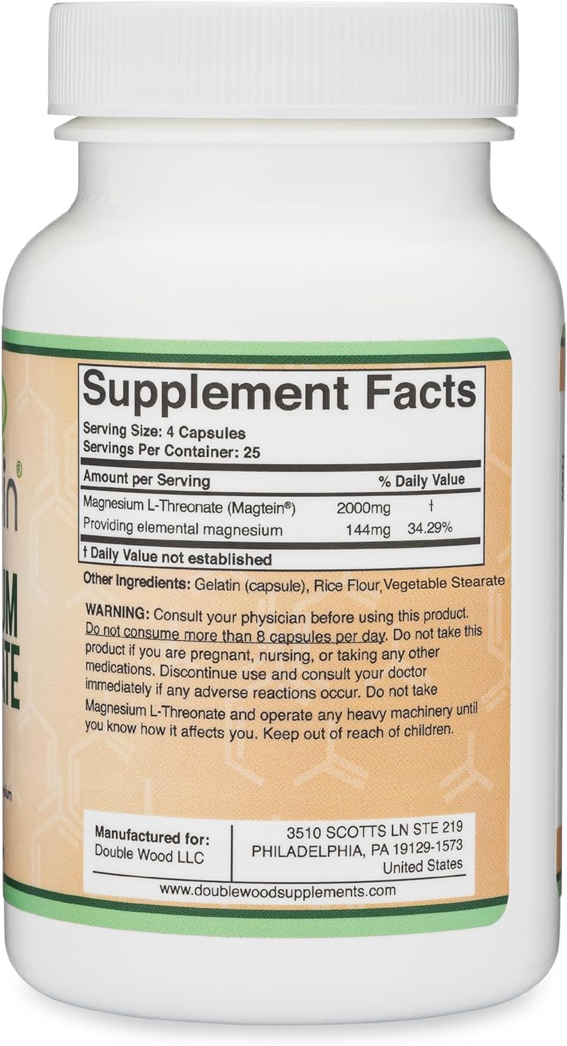 Double Wood Supplements Magnesium L Threonate Magtein Capsules, 120 Count