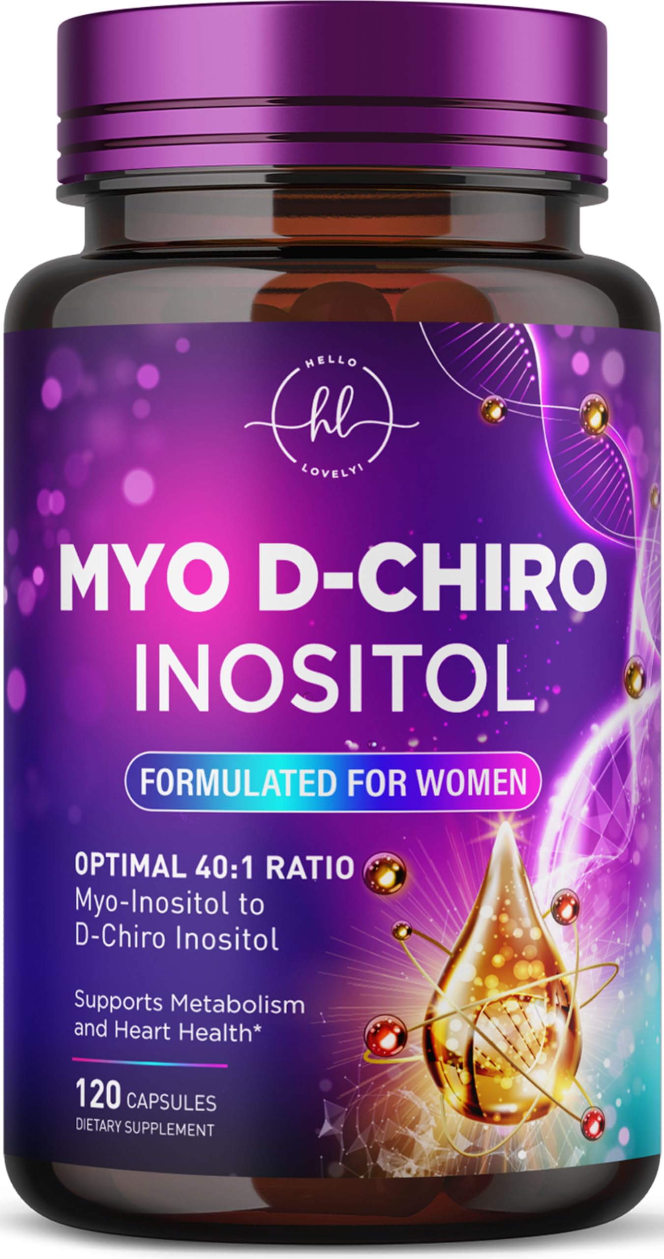 Hello Lovely! Myo-Inositol & D-Chiro Inositol Supplement 2000mg, 40:1 Ratio, Capsules, 120 Count
