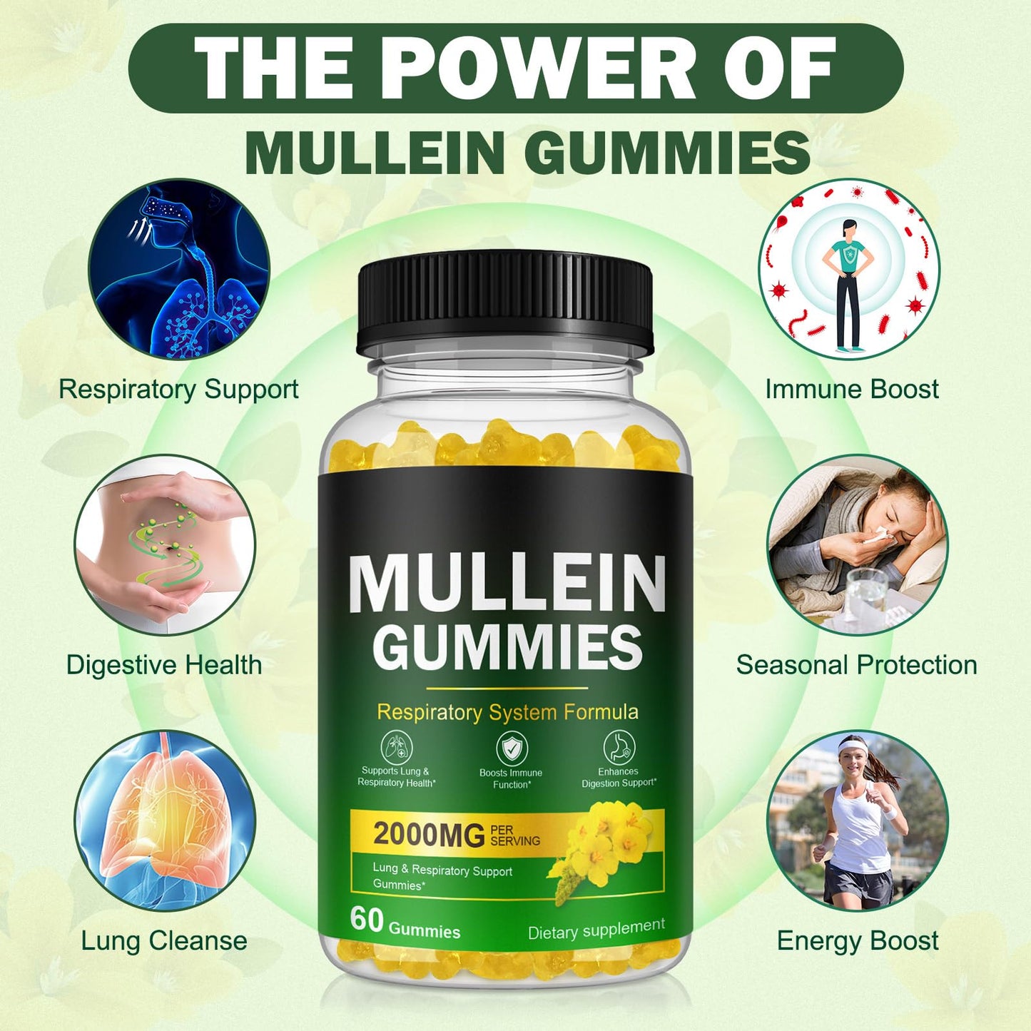 Ruduwu Mullein Gummies for Lung Detox, 2000mg Mullein Leaf Extract for Respiratory & Digestive & Immune Support with Quercetin, Bromelain, Elderberry & Marshmallow, Vegan, 60 Gummies