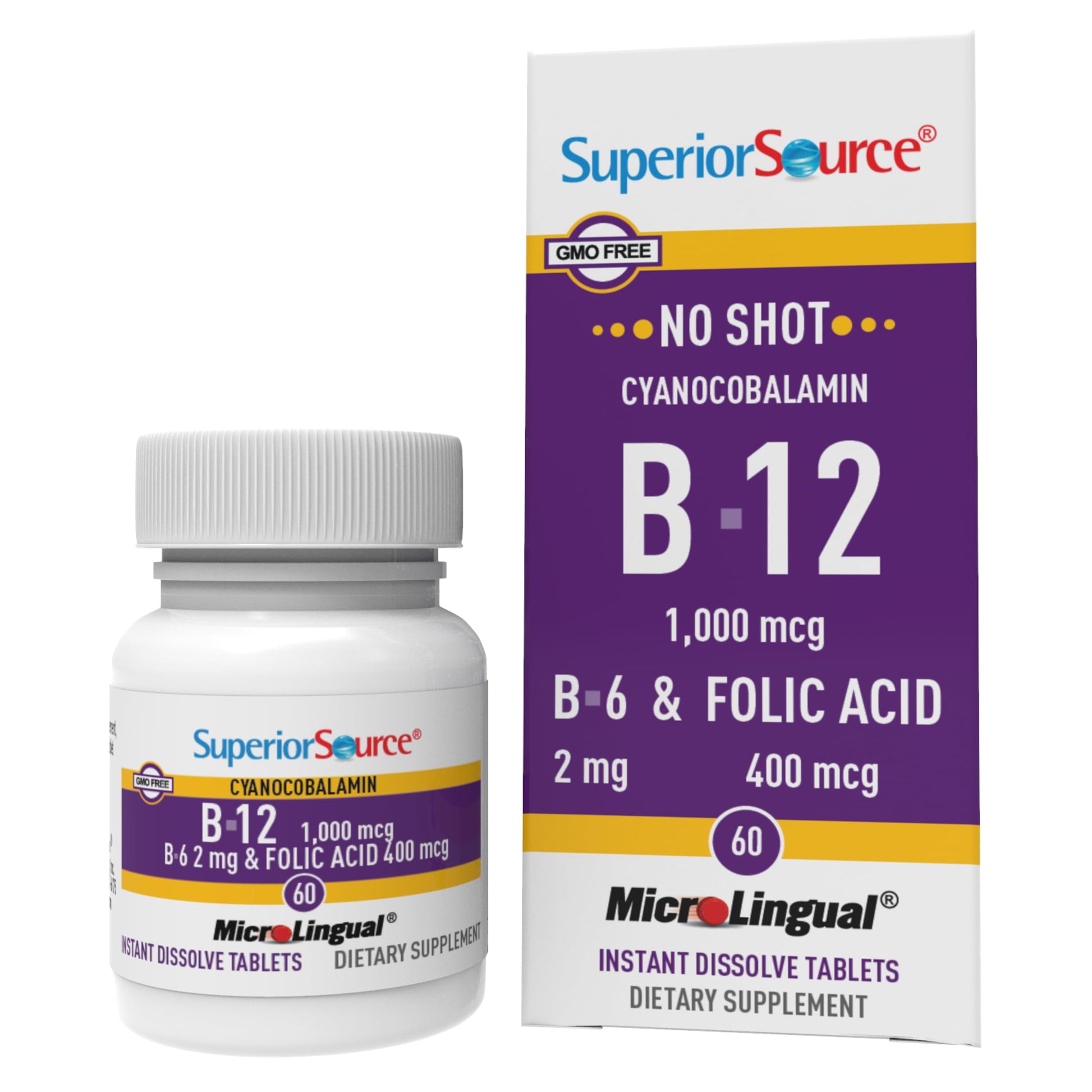 Superior Source No Shot Vitamin B-12 Cyanocobalamin 1000 mcg, B-6, Folic Acid 400 mcg, 60 Tablets