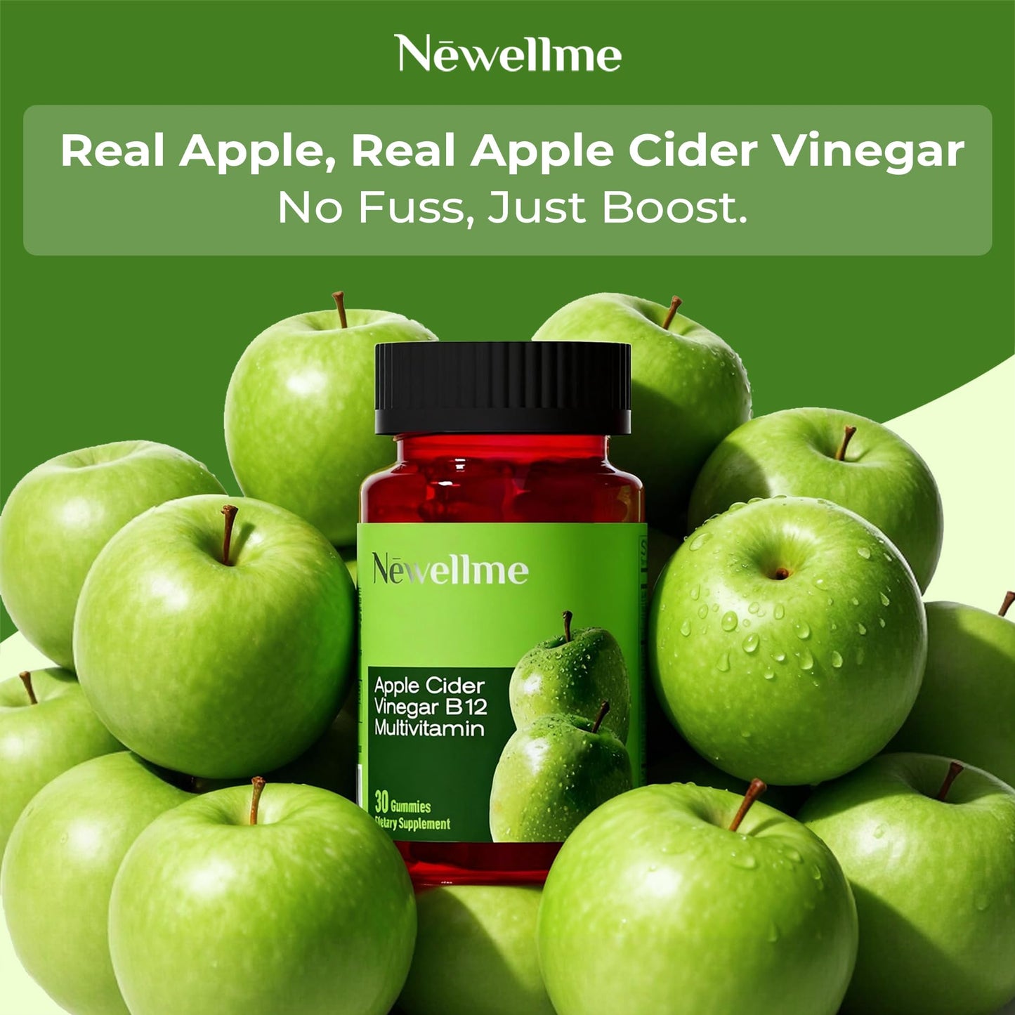 NEWELLME ACV Gummies with the Mother & B12, Sugar-Free, Great-Tasting Vegan Gummies for Digestion, Metabolism & Daily Energy Support, 30 Count