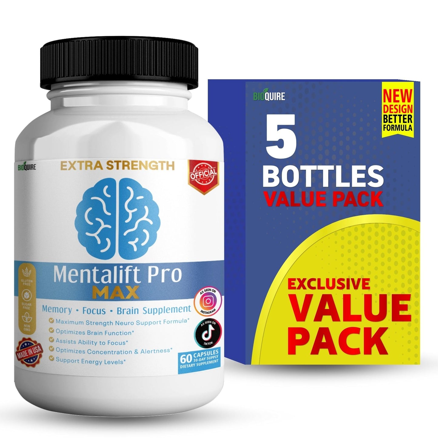 BIOQUIRE Mentalift Pro MAX Extra Strength Memory & Focus Supplement 60 Capsules