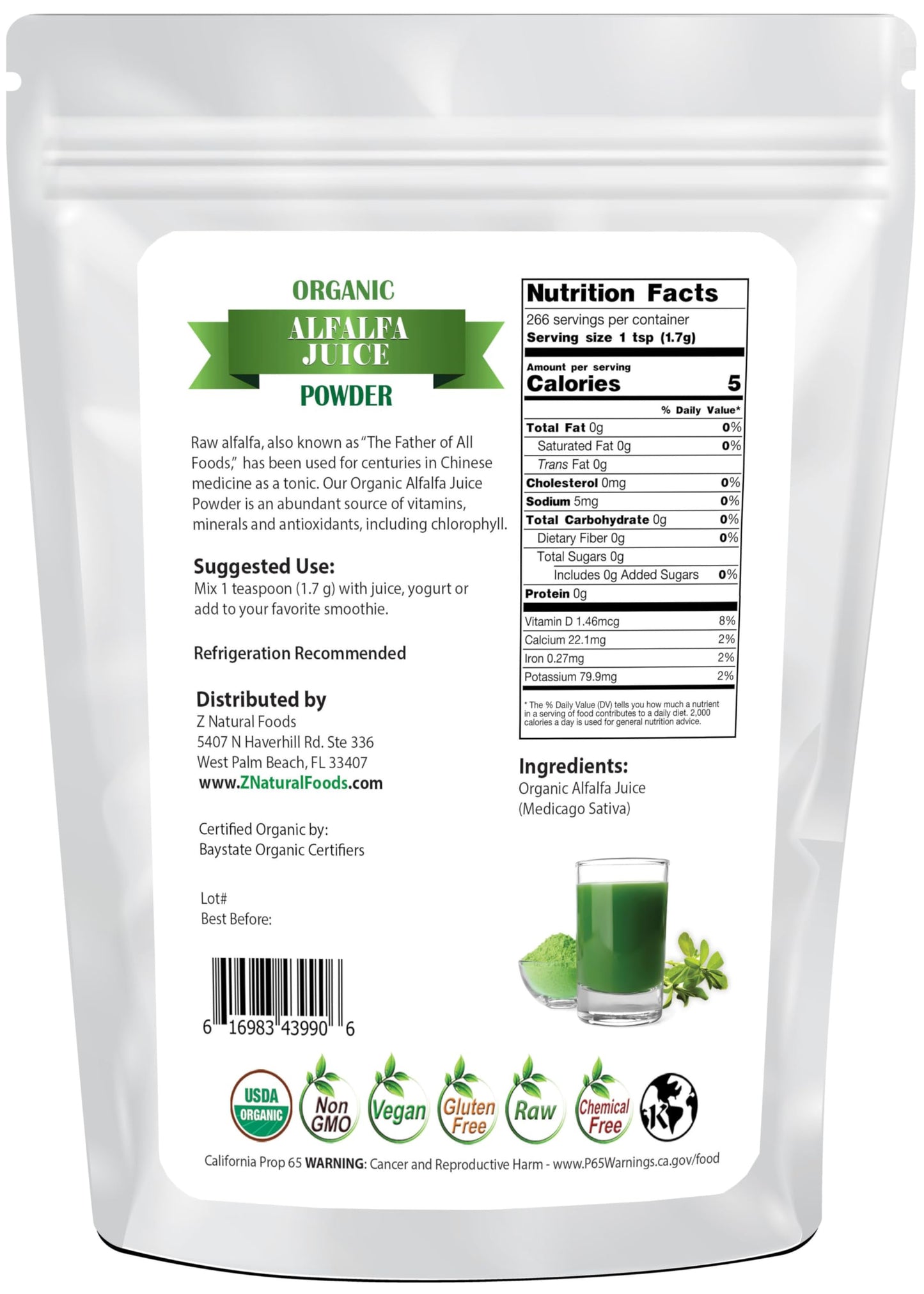 Z Natural Foods Organic Alfalfa Juice Powder 16 Ounce