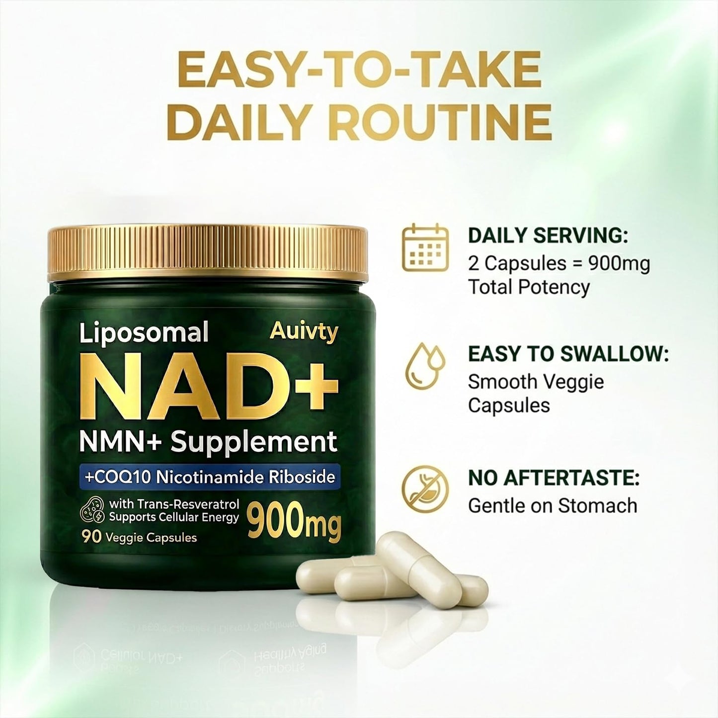Auivty Liposomal NAD+ NMN Supplement with COQ10, Nicotinamide Riboside, Trans-Resveratrol, 900mg, 90 Capsules