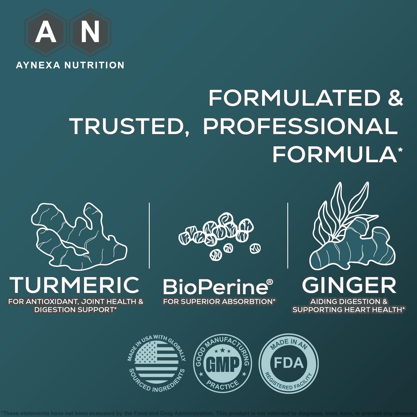 AYNEXA NUTRITION Balance Turmeric Curcumin 500mg + Ginger Root 500mg with Black Pepper Capsule, 60 Capsules