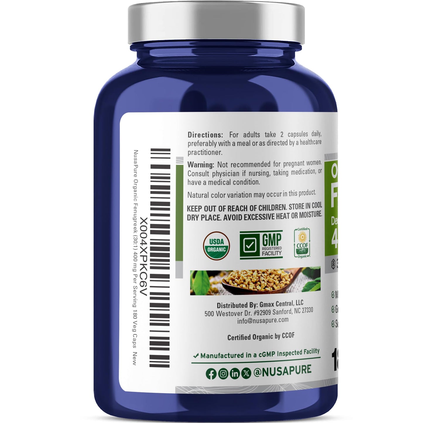 NusaPure Organic Fenugreek 400mg Capsules, 180 Count