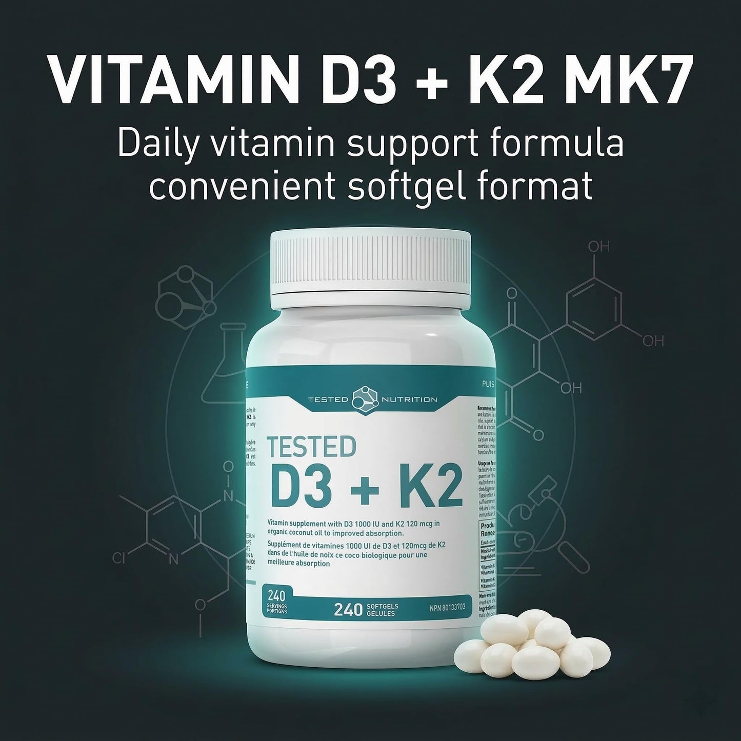 Tested Nutrition D3 + K2 Softgels, 240 Softgels