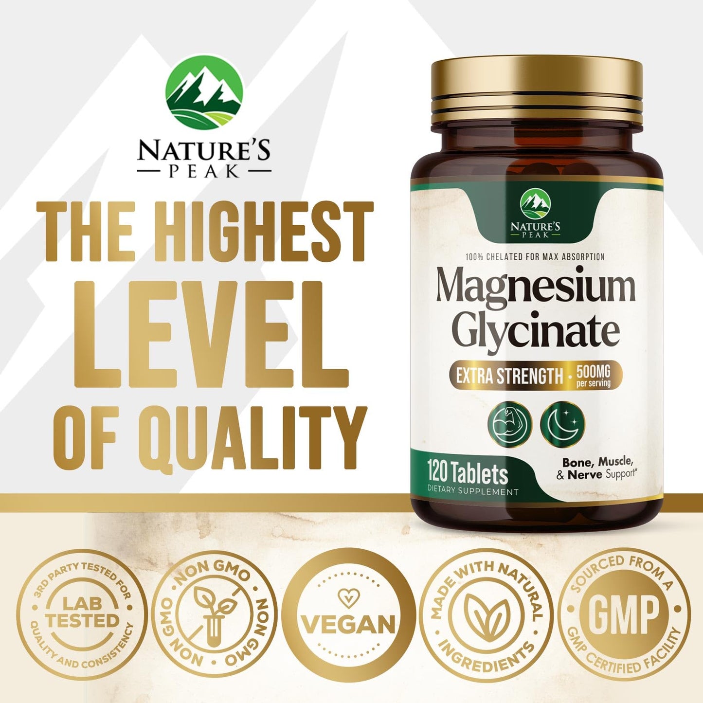 Nature's Peak Magnesium Glycinate 500mg Per Serving - Chelated Magnesium Supplement for High Absorption - Muscle, Bone & Heart Health Support - Easy on Stomach, Non-GMO, Vegan - 120 Tablets