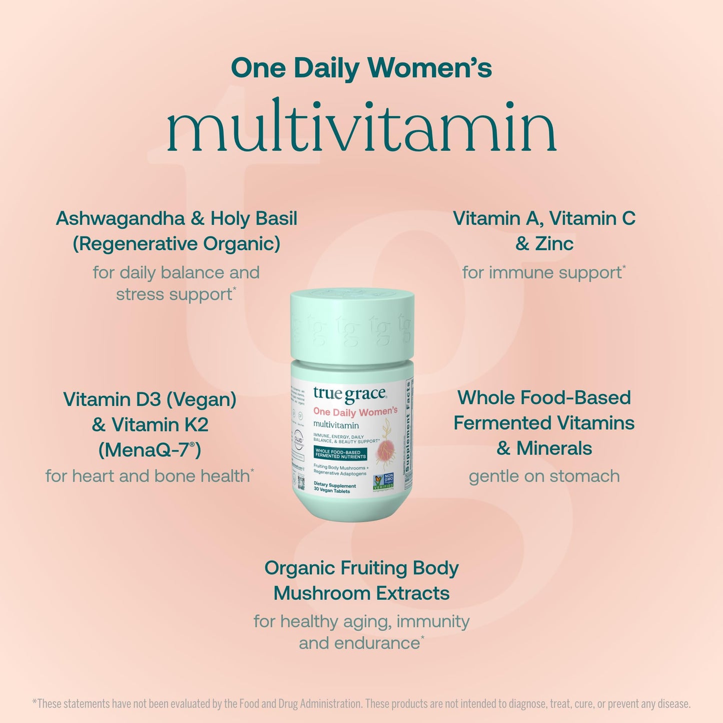 True Grace One Daily Women’s Multivitamin Fermented Minerals, Organic Adaptogens & Mushrooms Whole Body Balance, Immune, Energy, Beauty Support 30 Tablets