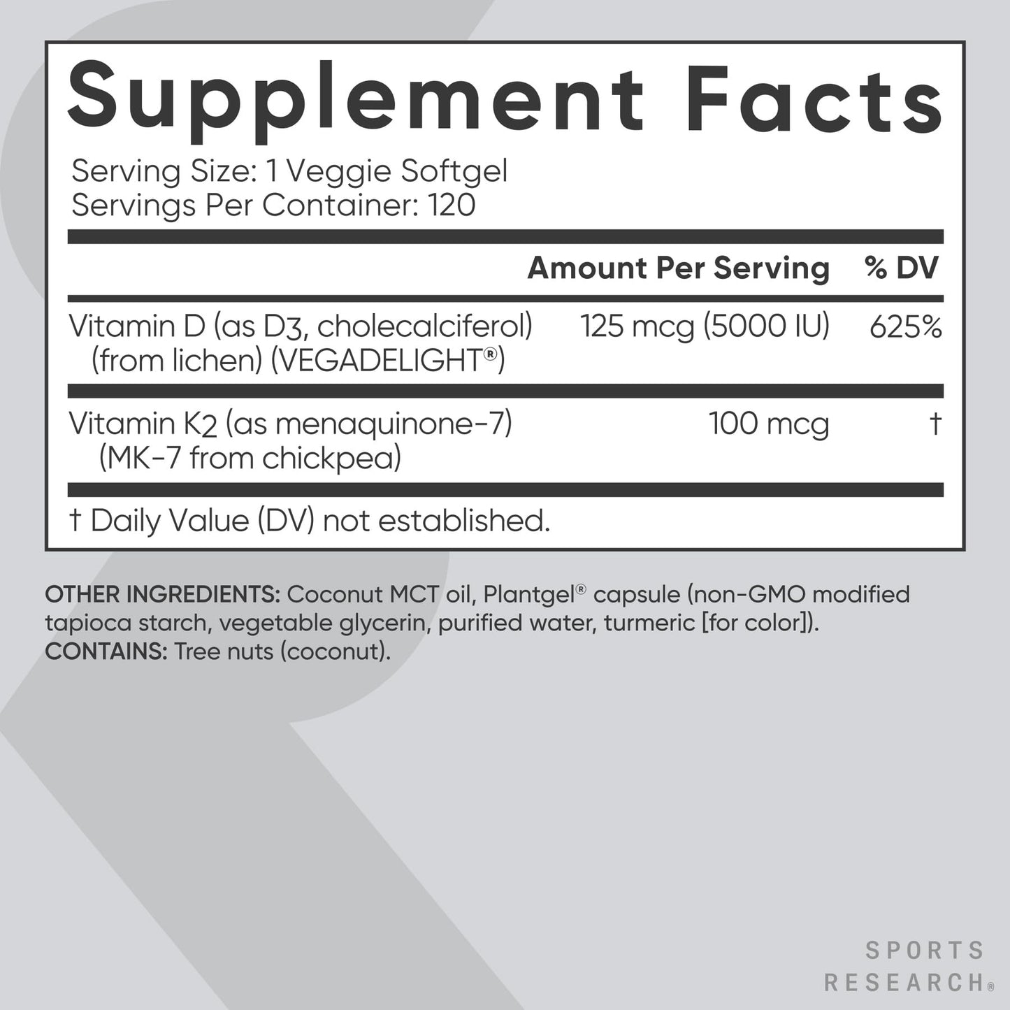 Sports Research Vitamin D3 with K2 Softgel 120 Count