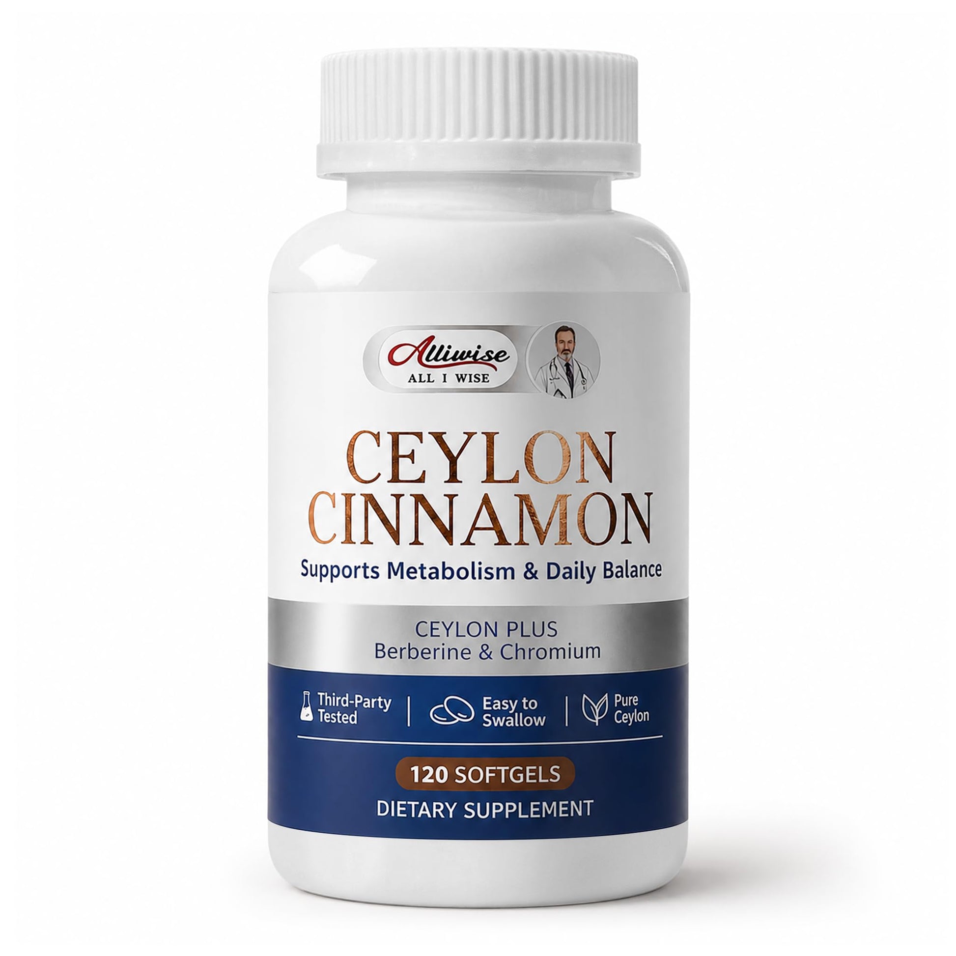 Alliwise Ceylon Cinnamon Supplement with Berberine & Chromium Softgels, 240 Count