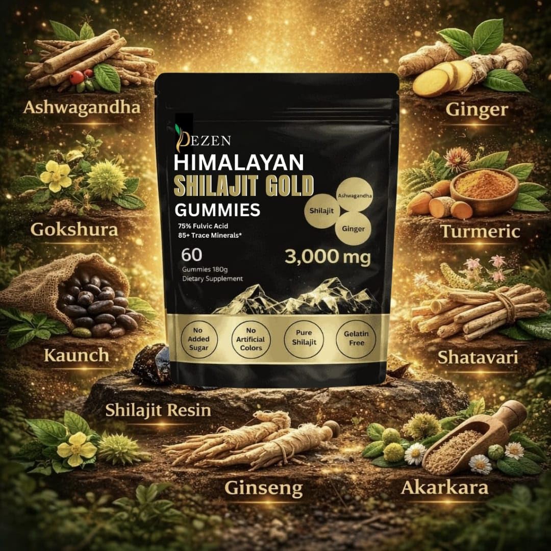 DEZEN Shilajit Gummies with Ashwagandha, Ginger, Turmeric for Energy & Overall Health Support, 60 Gummies
