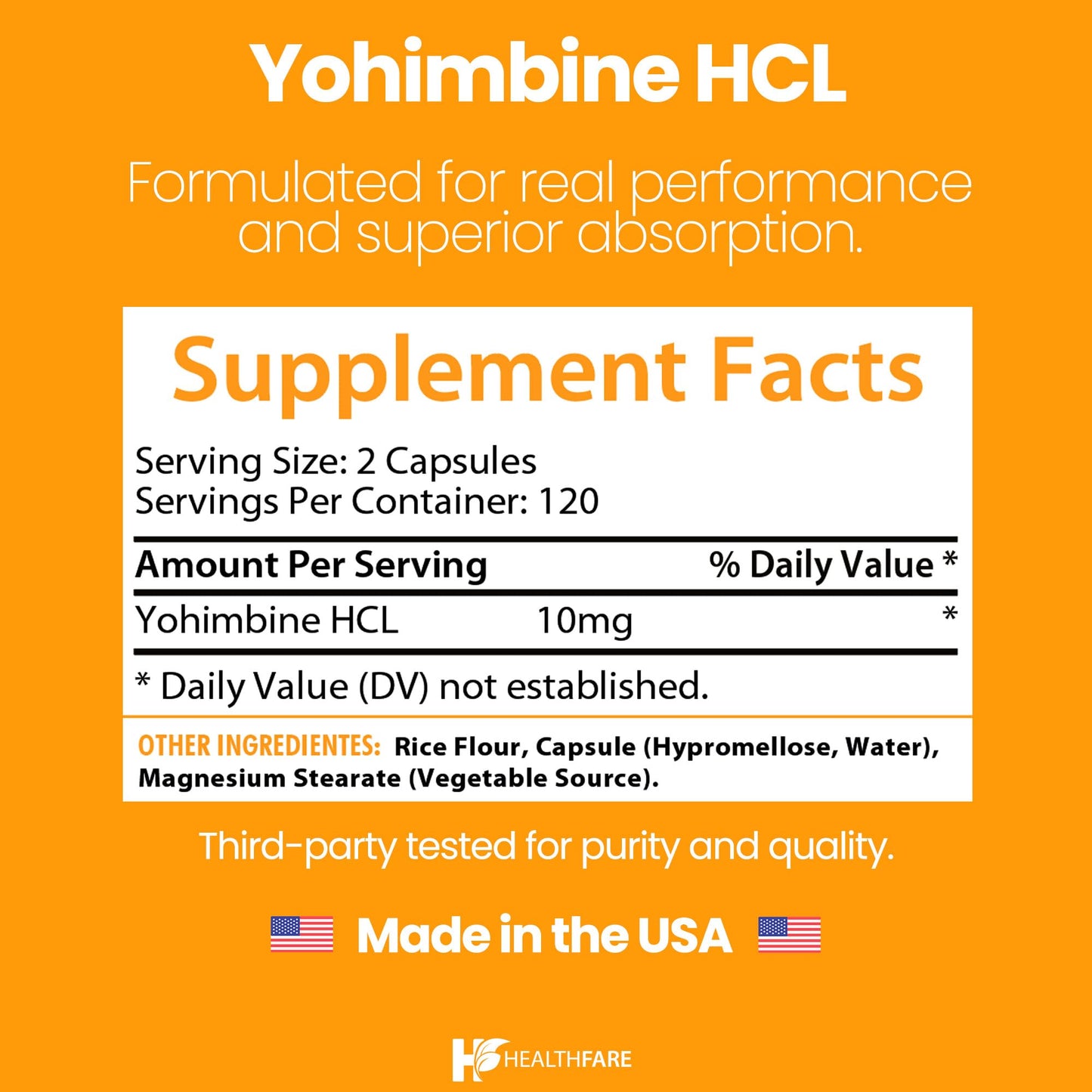 Healthfare Yohimbine HCL 10mg Capsules, 240 Count