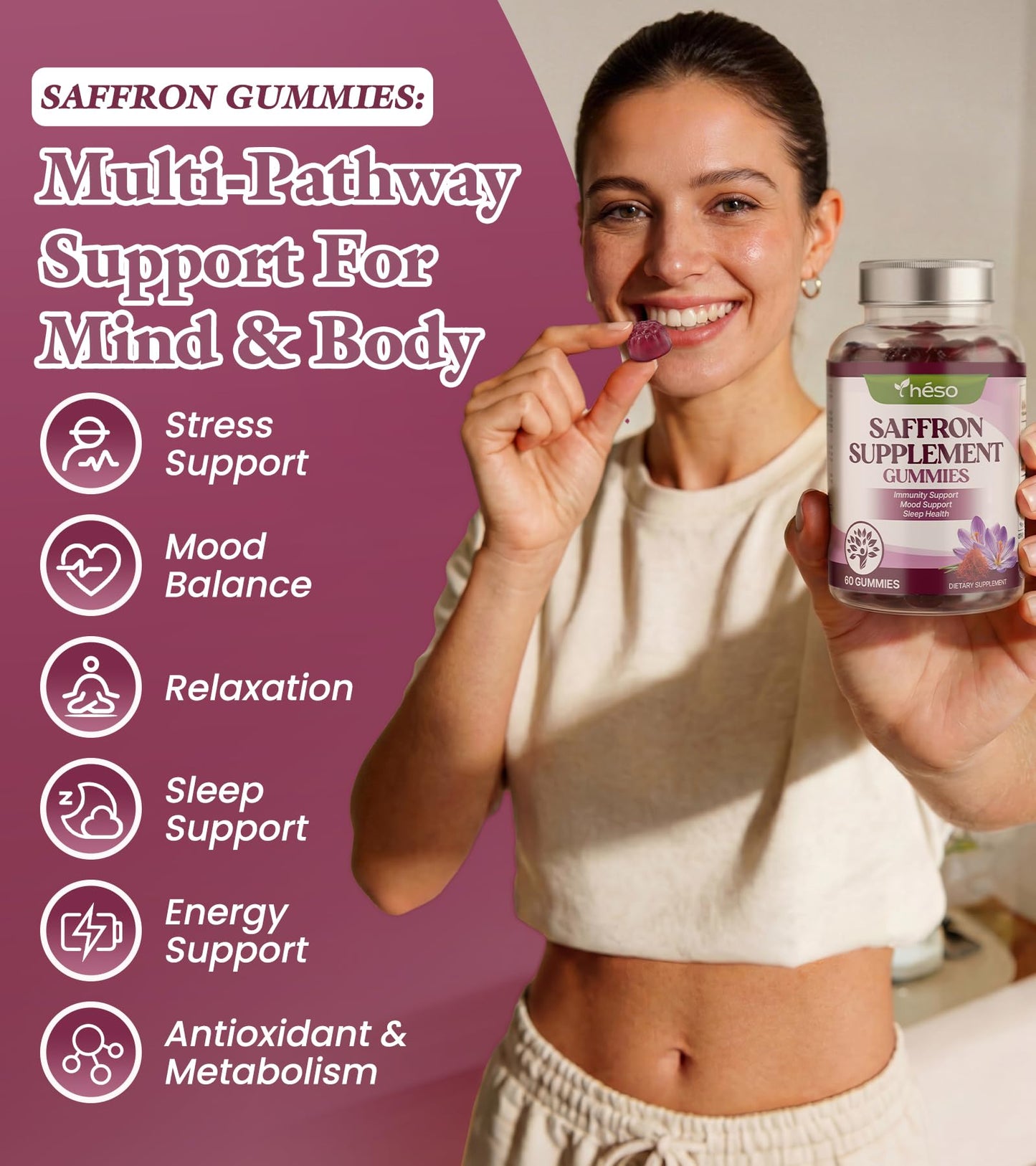 Yheso Saffron Gummies with Ashwagandha, Rhodiola & GABA – Sugar Free Mood & Stress Support Supplement with Magnesium, Vitamin D3 & Zinc – Calm & Relaxation Blend, Gummies, 60