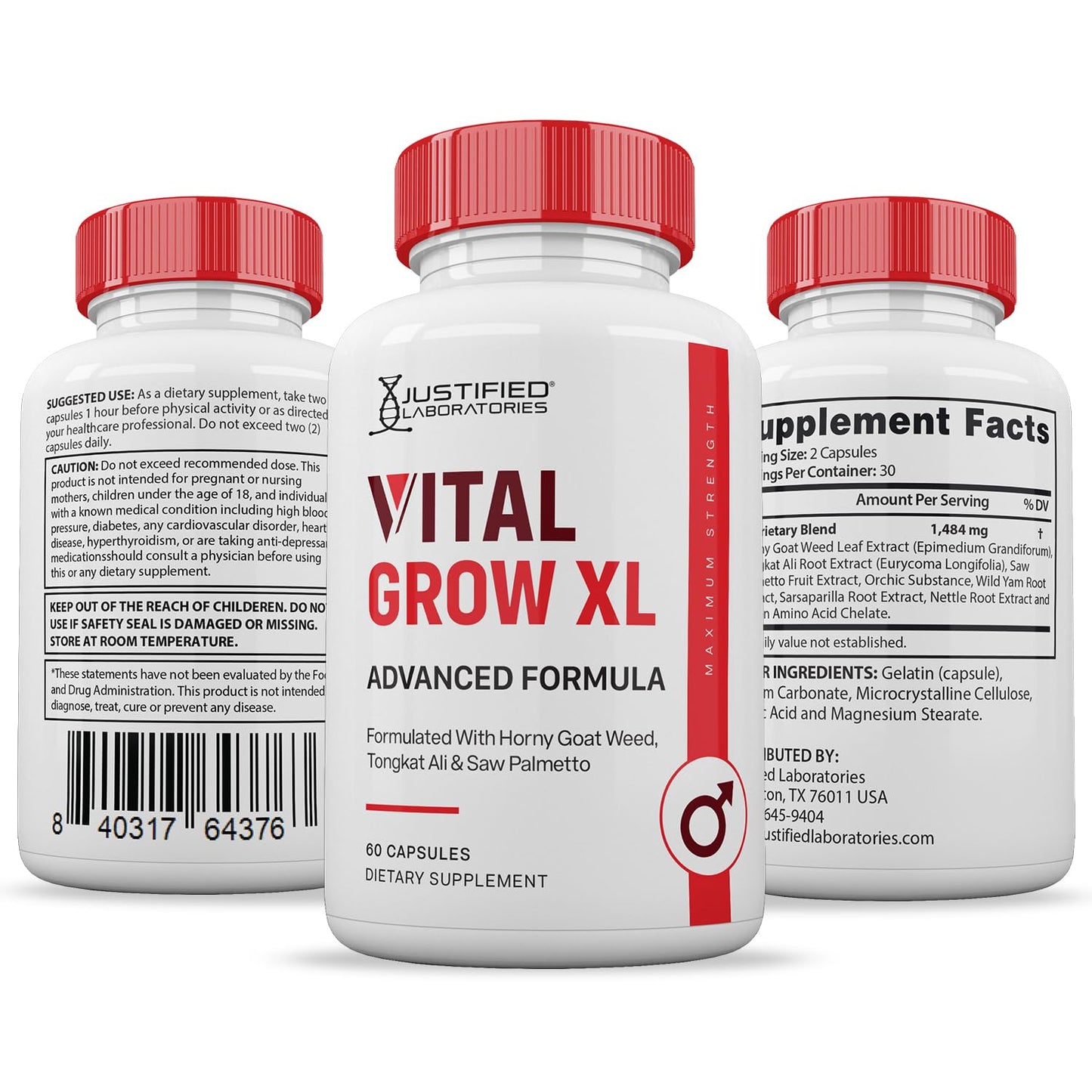 Justified Laboratories Vital Grow XL Capsules 1484MG Advanced Formula Proprietary Blend for Men, 120 Count