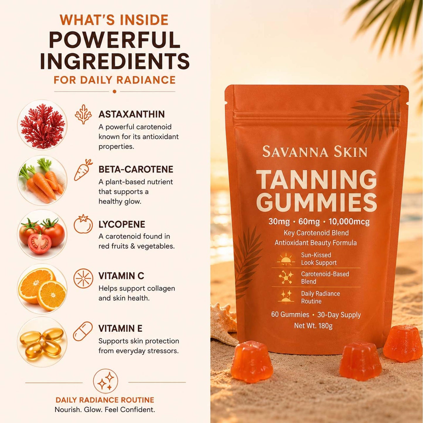 Savanna Skin Tanning Gummies Astaxanthin & Beta-Carotene Tanning Formula, Gummy, 60 Count