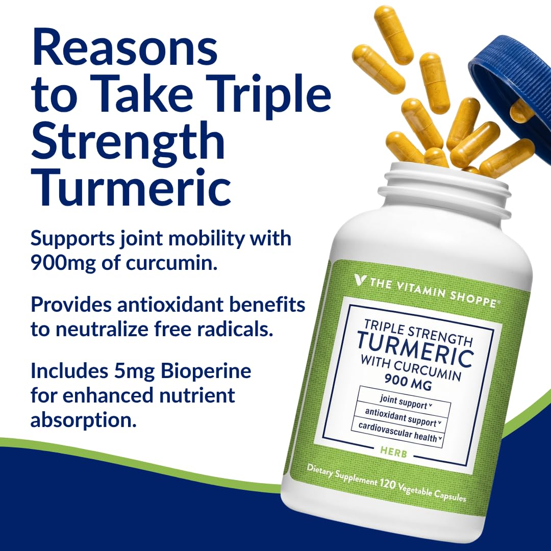 The Vitamin Shoppe Triple Strength Turmeric Supplement with Curcumin 900mg & BioPerine, Black Pepper Extract for Joint Mobility & Antioxidant Support, Vegetarian Capsules, 120 Capsules