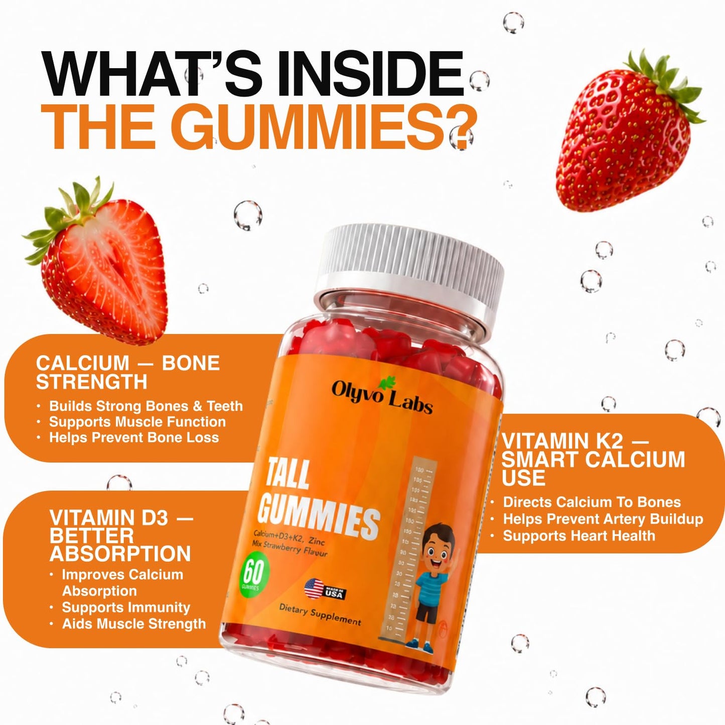 Olyvo Labs Height Growth Gummies with L-Arginine for Kids 2+ & Teens, Sugar-Free Strawberry Flavor, 60 Gummies