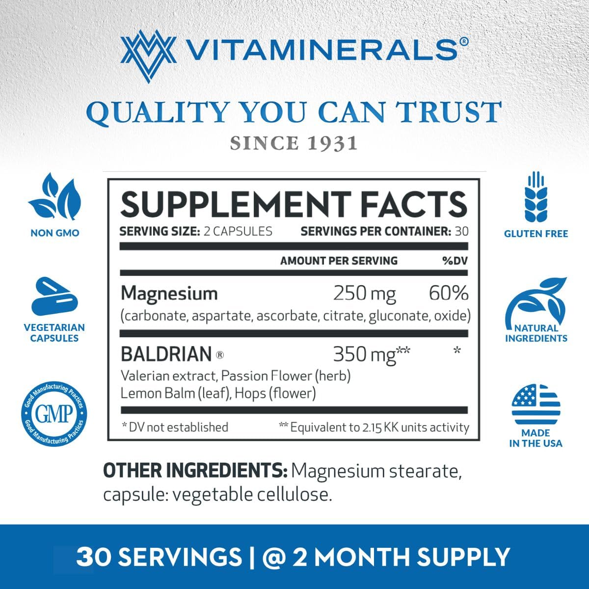 Vitaminerals Baldrian Plus Natural Relaxing Support Standardized Valerian Extract Capsules 60 Count