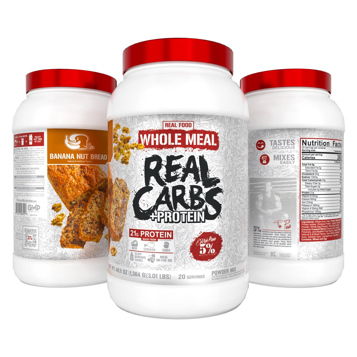 5% Nutrition Rich Piana Real Carbs + Protein Clean Mass Gainer Meal Replacement Protein Powder Banana Nut Bread, 3 lb, 20 Servings