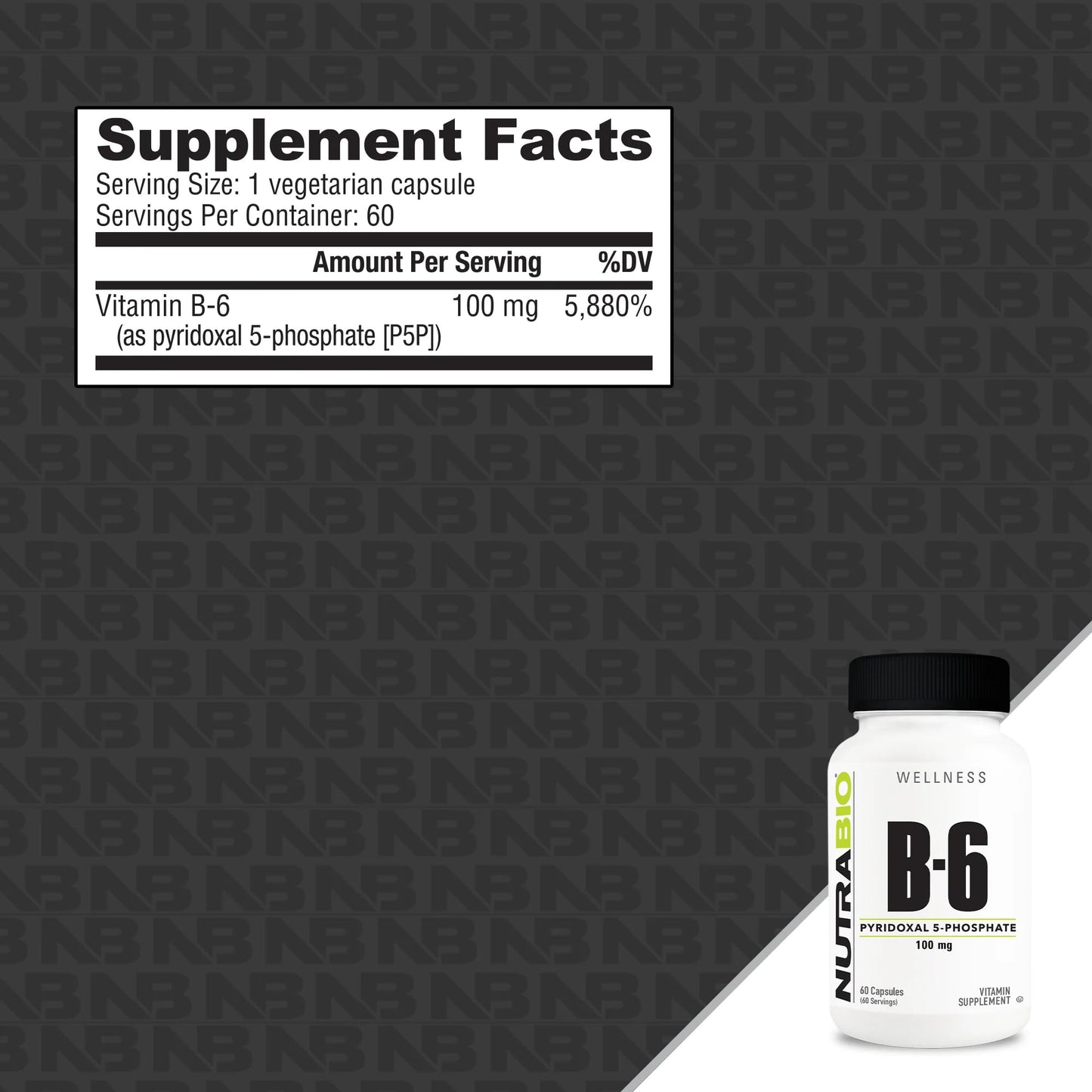 NutraBio Vitamin B6 P5P (Pyridoxal 5-Phosphate) Vitamin B6 100mg per Serving, 60 Capsules