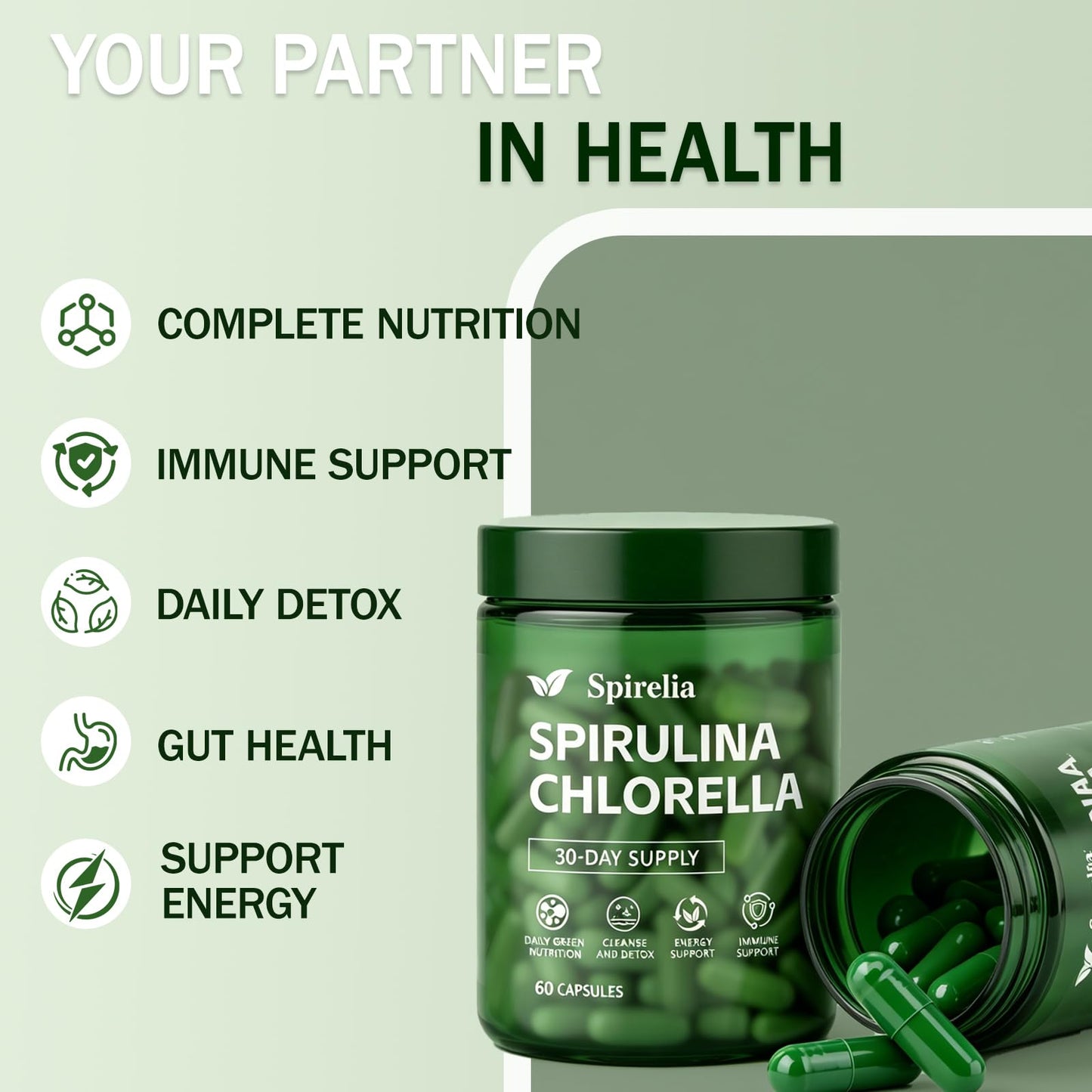 Enerra Spirelia Spirulina and Chlorella Capsules, 60 Capsules