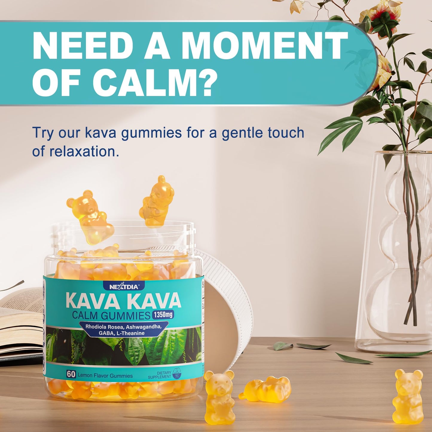 Nextdia Kava Kava Gummies + Ashwagandha + L-Theanine + GABA + Rhodiola Rosea, 100 Gummies