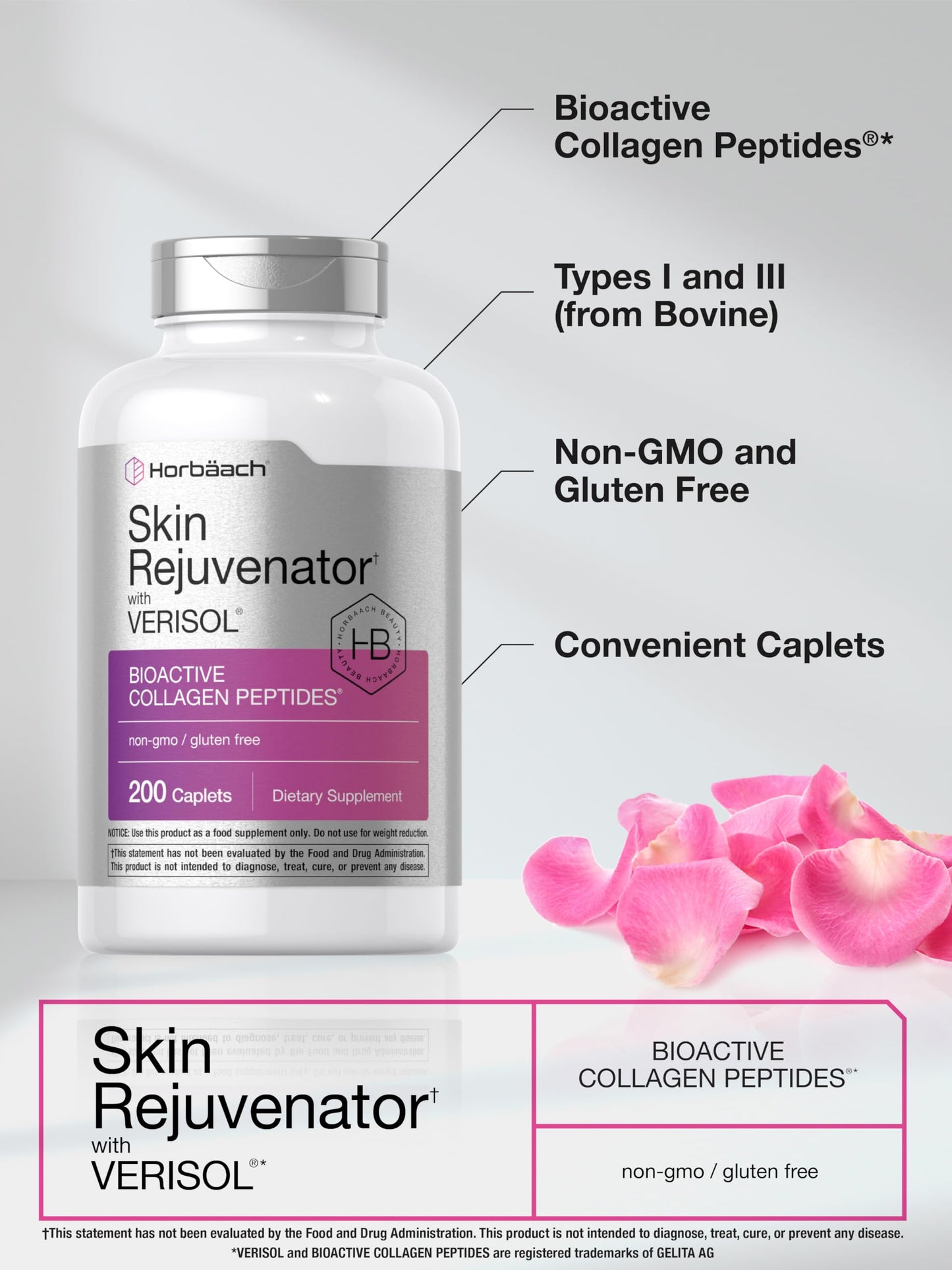 Horbäach Skin Rejuvenator with Verisol Bioactive Collagen Peptides Caplets 200 Count
