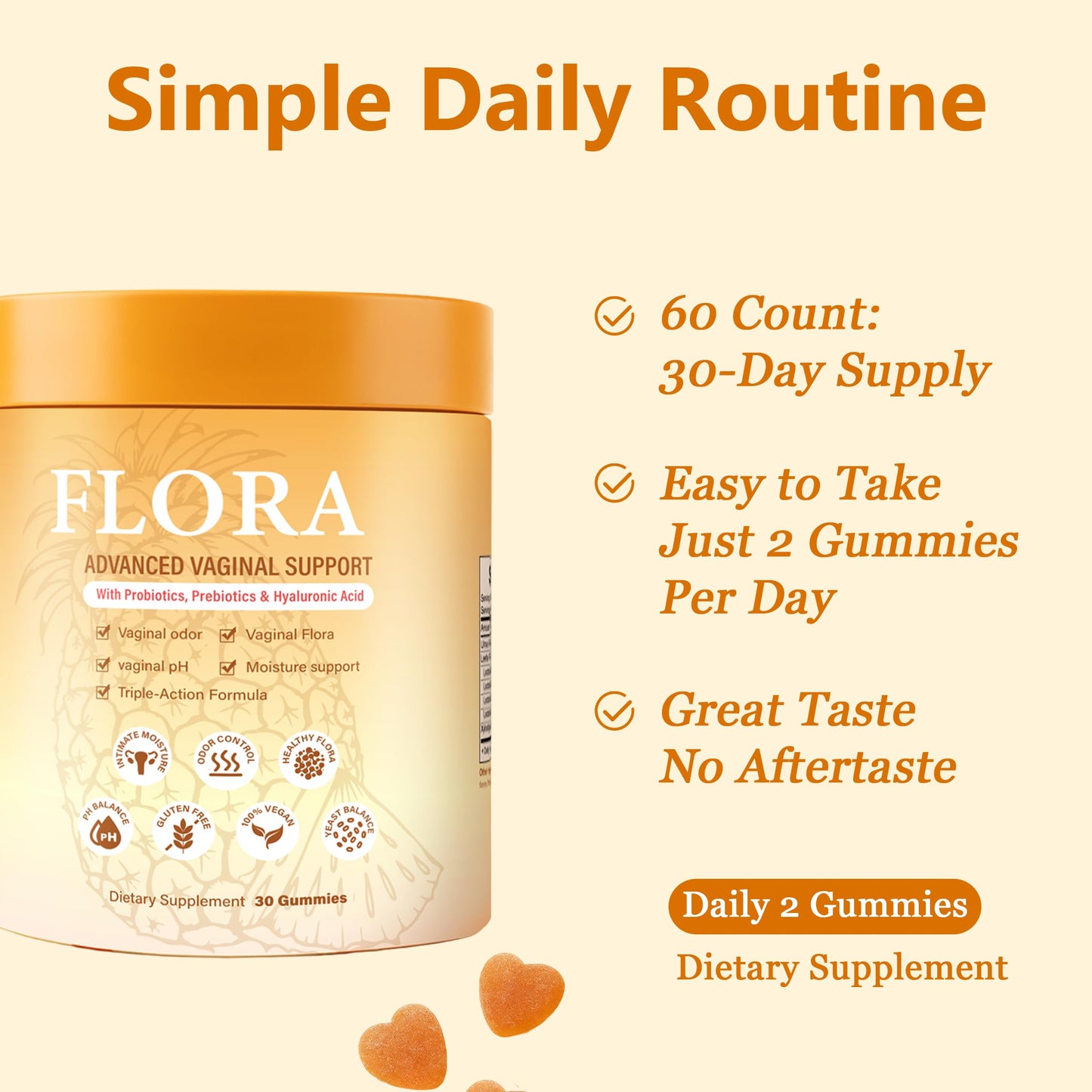 RTQSU Flora Plus Probiotic Gummy for Women, Vaginal Support Probiotics, Pineapple, 1 Count