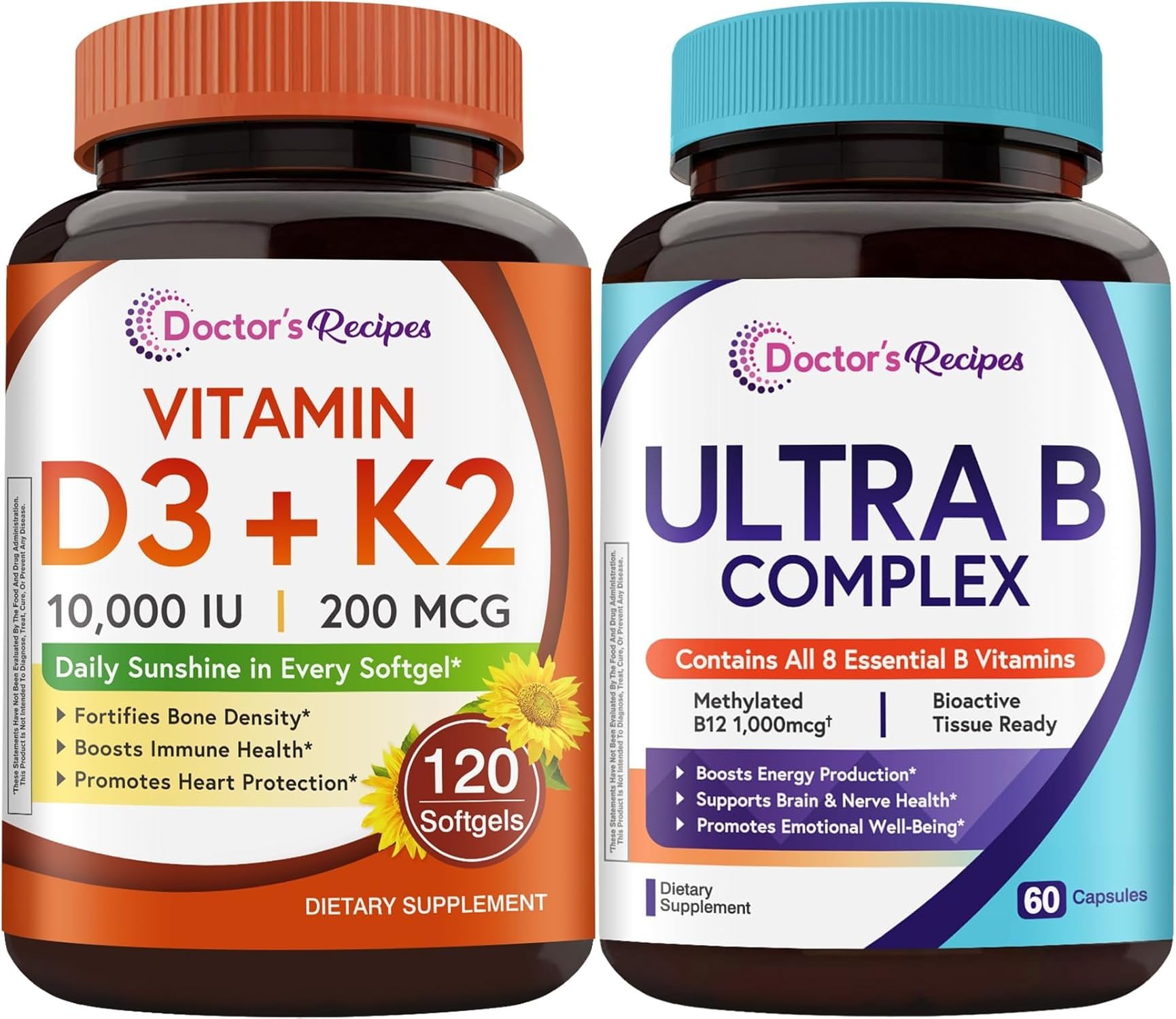 Doctor's Recipes Vitamin D3 K2 + Ultra Vitamin B Complex Bundle, 180 Capsules