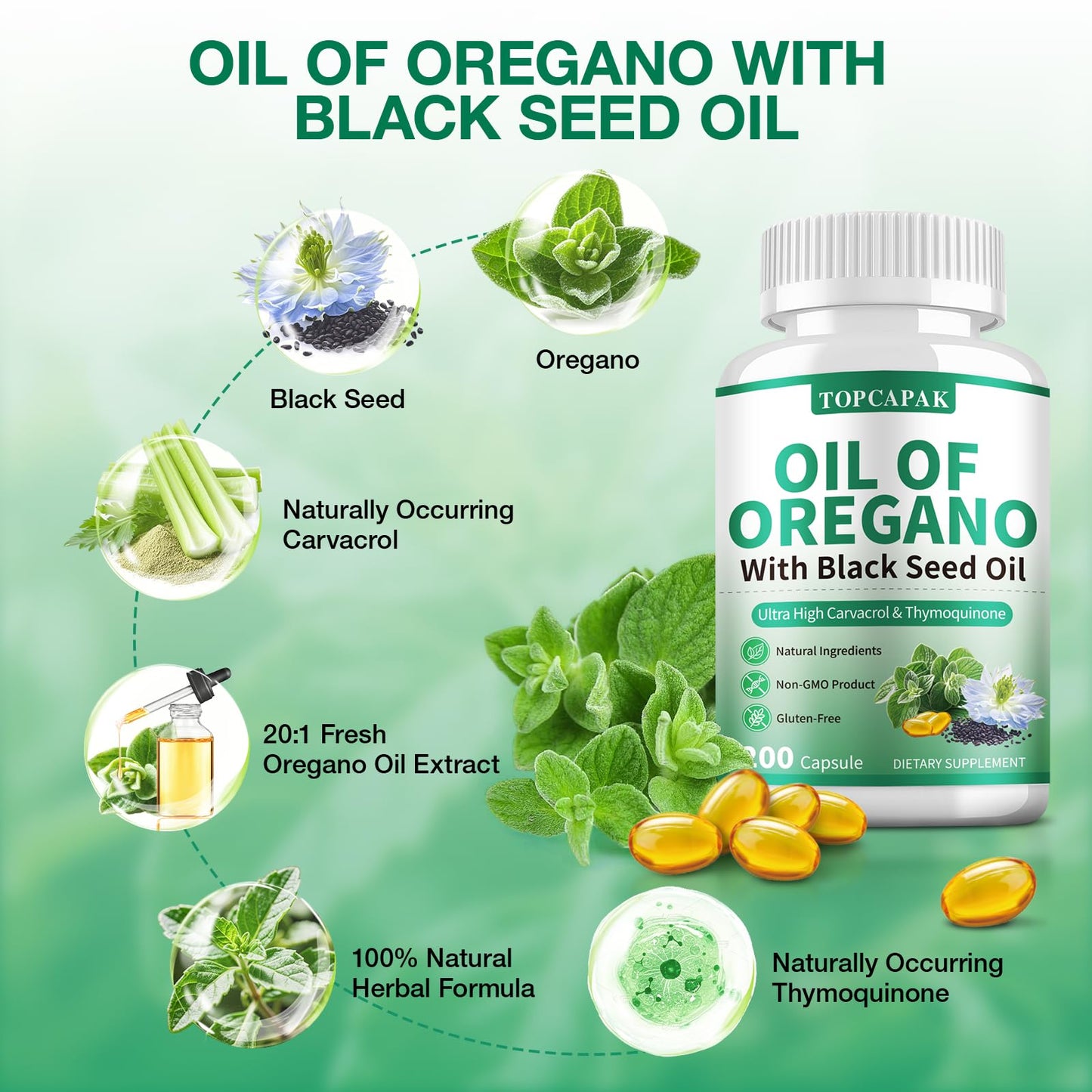 TOPCAPAK Oil of Oregano with Black Seed Oil Softgels, 400 Softgels