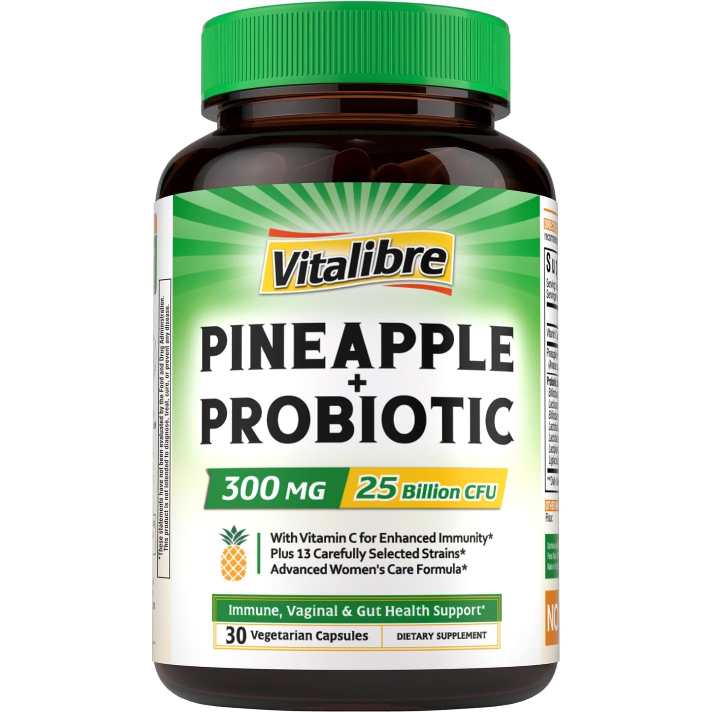 Vitalibre Pineapple + Probiotic 300 mg, 25 Billion CFUs, 13 Strains, Natural Vitamin C, Immune, Vaginal & Gut Health, Non-GMO, 30 Vegan Capsules