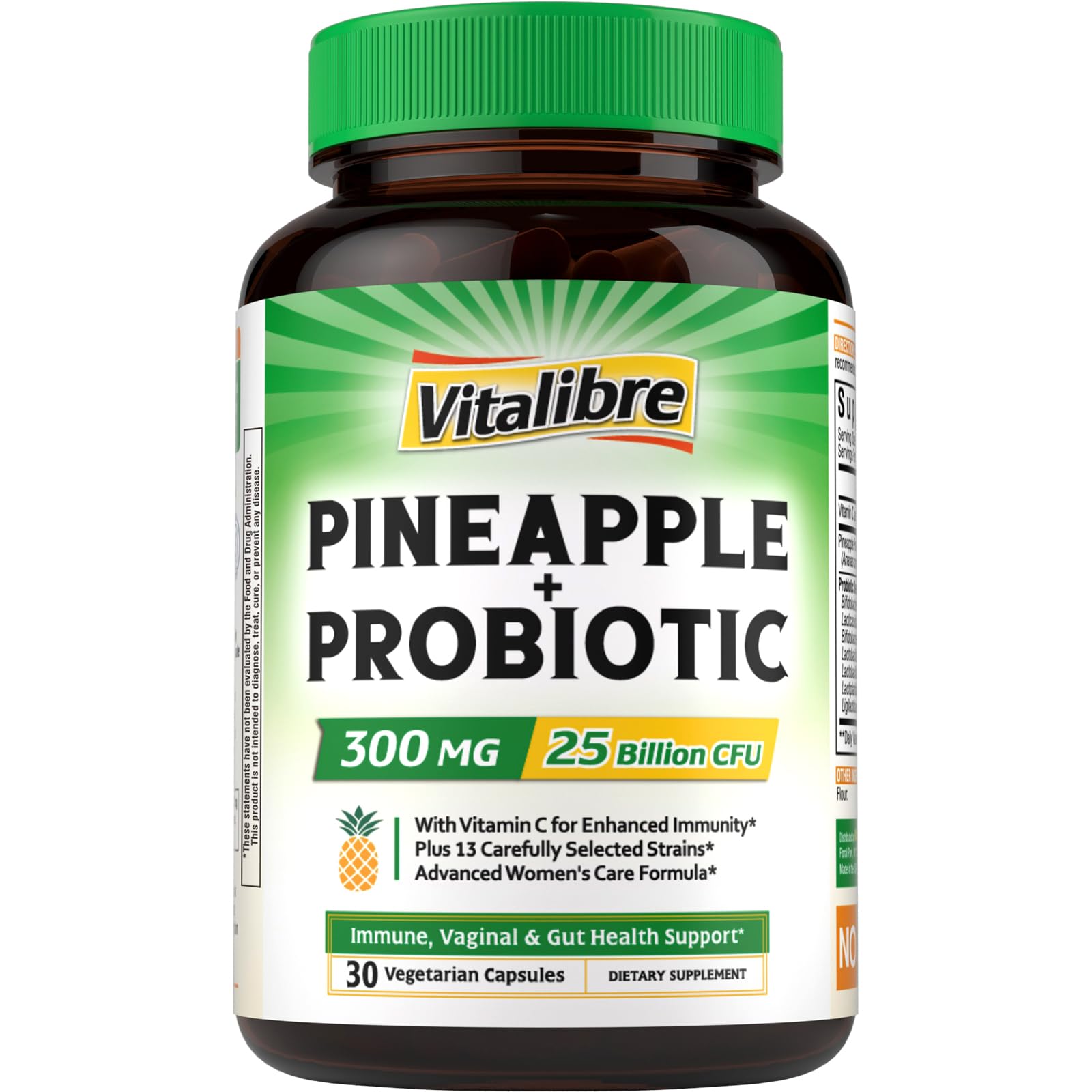 Vitalibre Pineapple + Probiotic 300 mg, 25 Billion CFUs, 13 Strains, Natural Vitamin C, Immune, Vaginal & Gut Health, Non-GMO, 30 Vegan Capsules