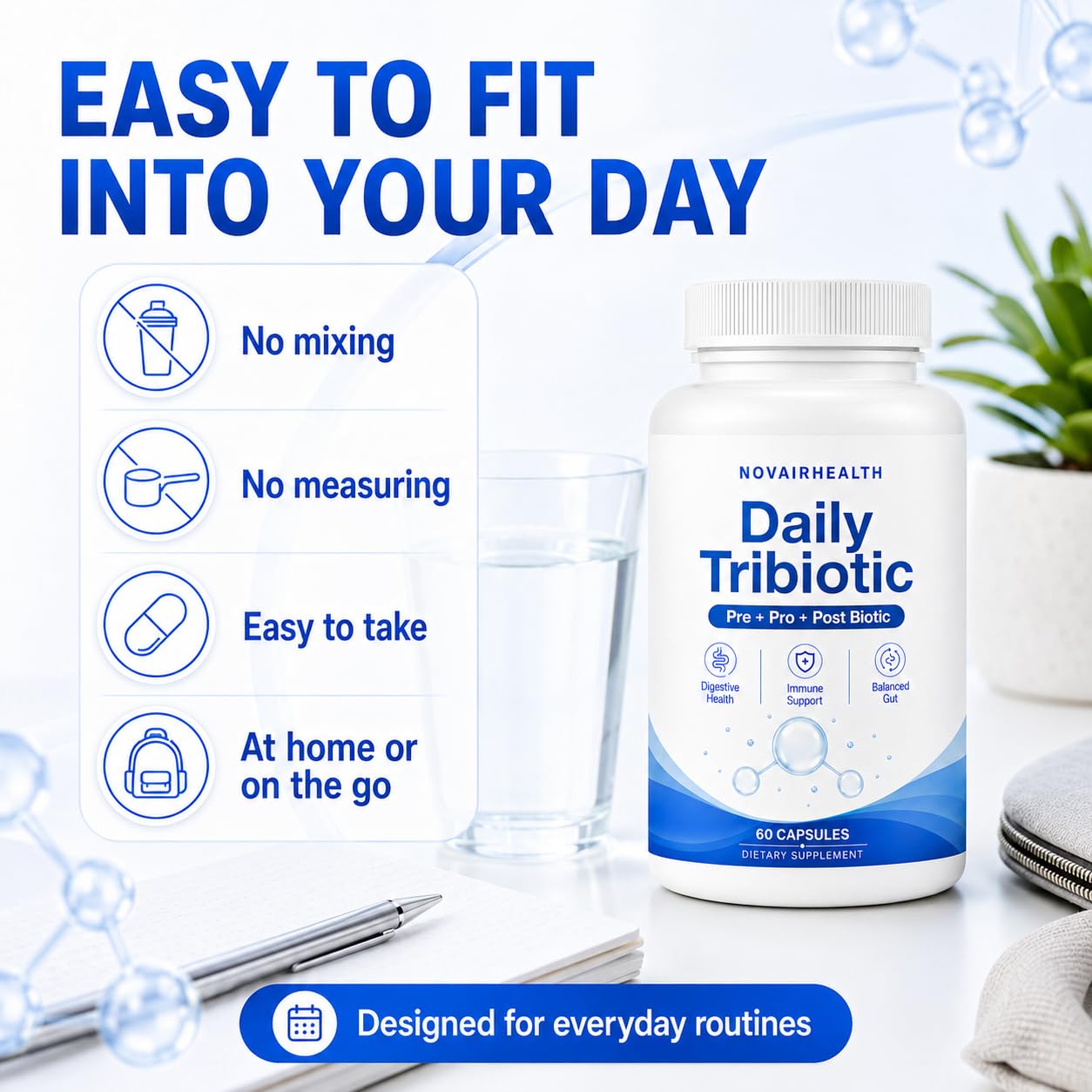 Minnah Daily Tribiotic Probiotic Prebiotic Postbiotic Gut Health Supplement for Men & Women, Support Your Gut & Energy Naturally, 60 Capsules