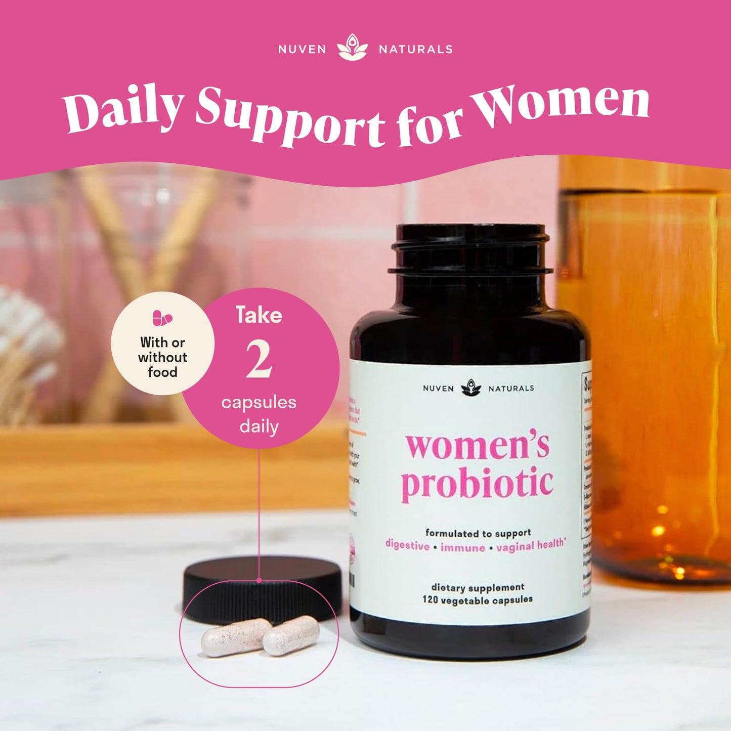 Nuven Naturals 3-in-1 Womens Probiotic - Probiotics, Prebiotics, D-Mannose Capsules, 120 Count