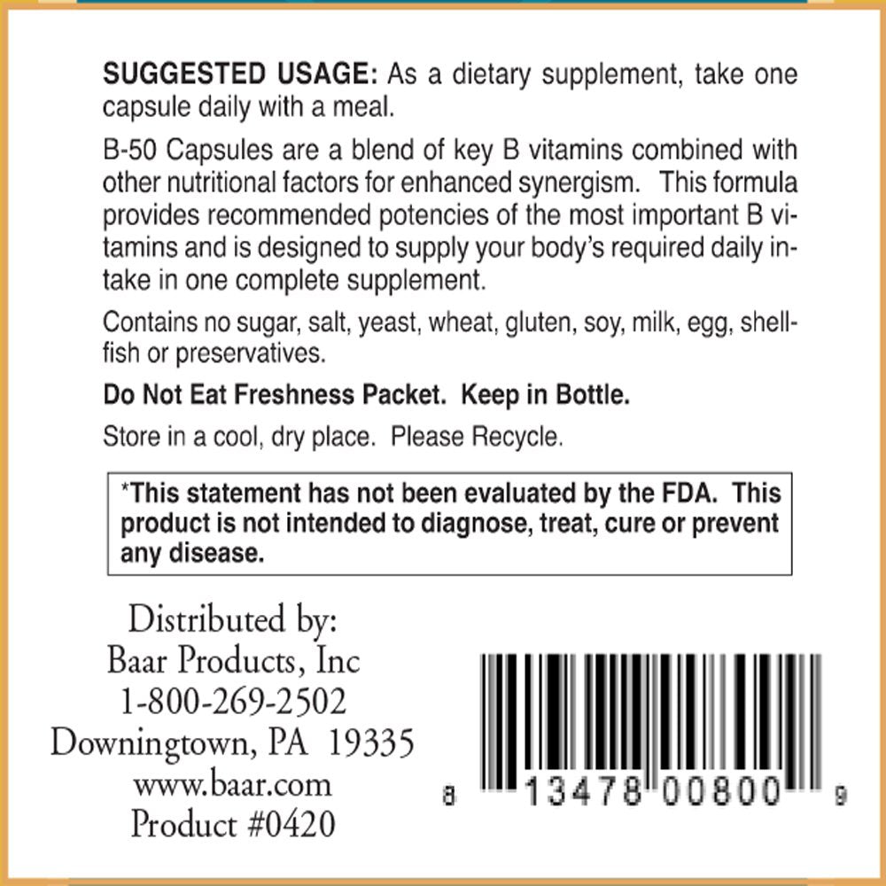 Baar B-50 Vitamin B Complex, 100 Veg Capsules