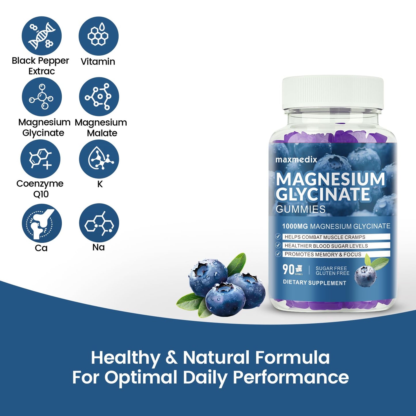 maxmedix Magnesium Glycinate Gummies 1000mg, 90 Count, Blueberry