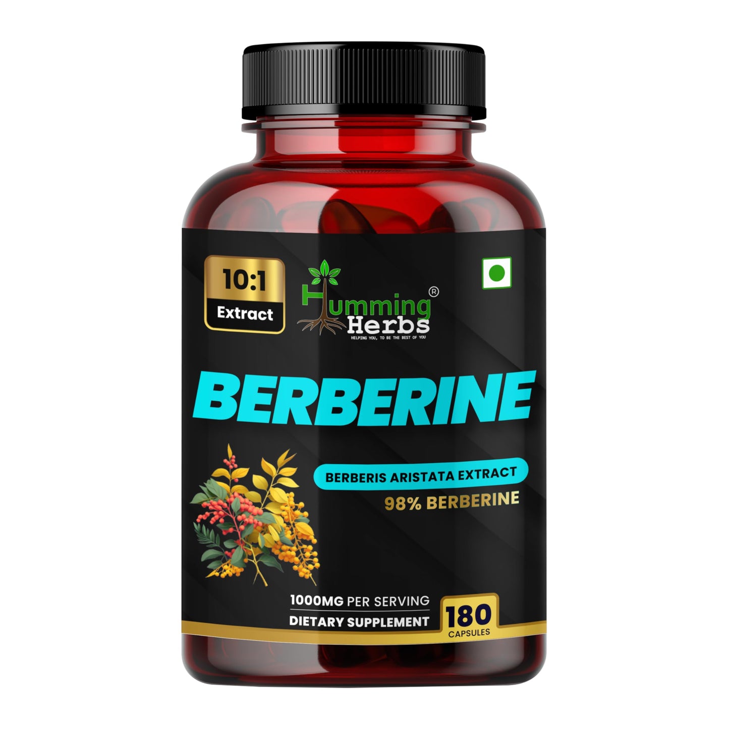 Humming Herbs Berberine 1000mg – Berberis Aristata Extract 10:1 Standardized to 98% Purity, 180 Capsules