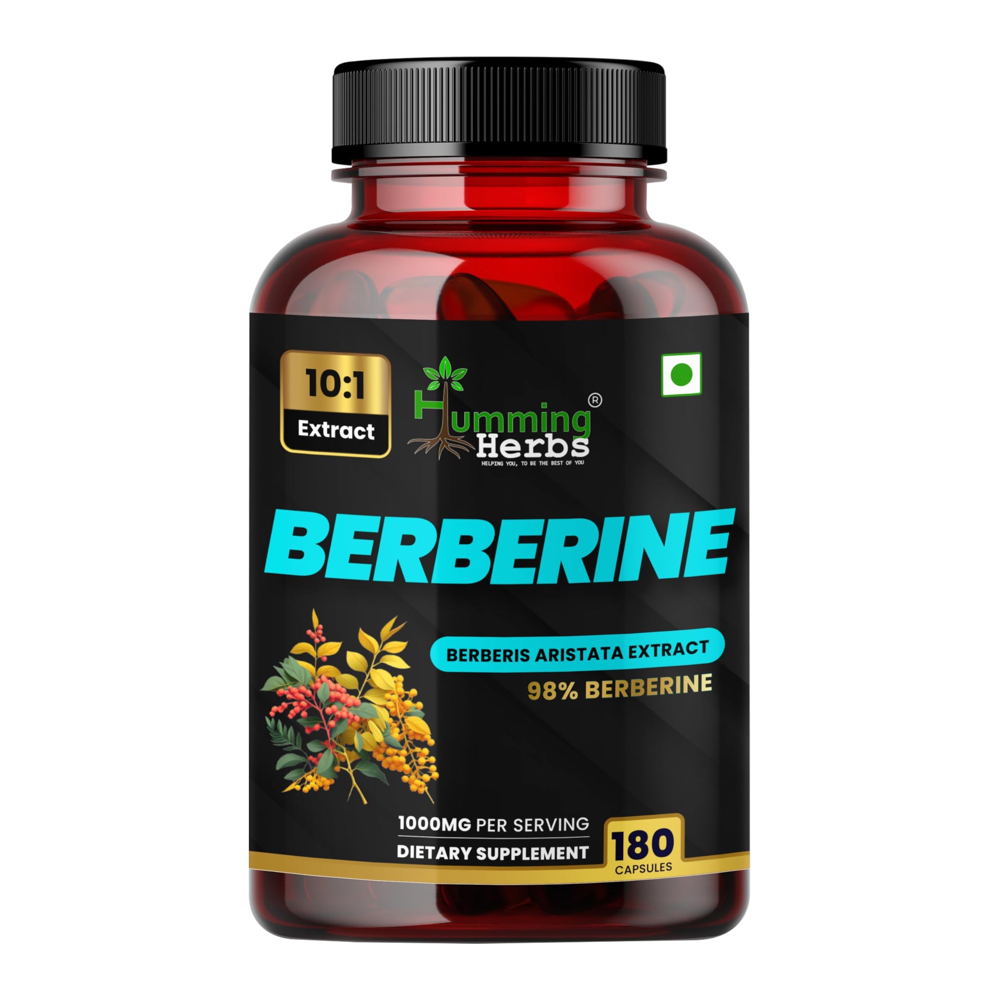 Humming Herbs Berberine 1000mg – Berberis Aristata Extract 10:1 Standardized to 98% Purity, 180 Capsules